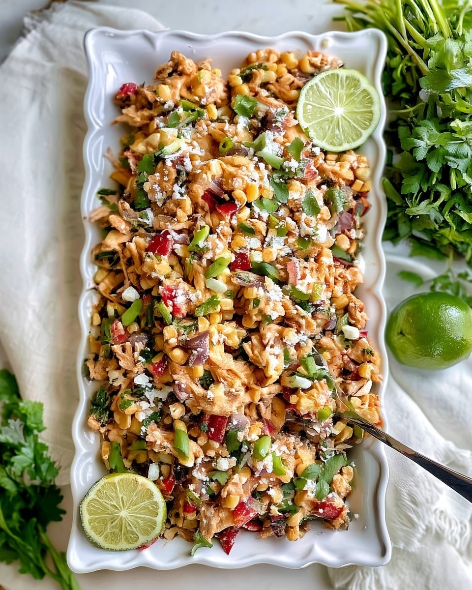 A white rectangular plate with wavy edges holds a mixed dish of shredded cooked chicken, grilled corn kernels, chopped red bell peppers, and chopped purple onions, all tossed together. The dish is topped with crumbled white cheese and green chopped herbs, likely cilantro and green onions scattered evenly. Two lime slices sit on opposite corners of the plate, adding a fresh touch. A silver spoon rests on the right side of the plate, partially inserted in the mixture. The plate is placed on a white marbled surface with fresh cilantro and a green lime to the side. Photo taken with an iphone --ar 4:5 --v 7