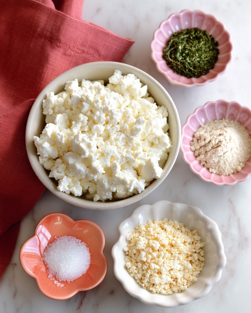 A group of six small white bowls are arranged on a white marbled surface. The largest bowl, filled with white cottage cheese that looks soft and lumpy, is placed on the left side. Surrounding it in a loosely curved line are five smaller bowls: two pink scalloped bowls holding dried green herbs on the top right and bottom right, a white bowl with a light beige powder in the middle right, a white bowl with pale yellow granules on the bottom left, and a pink flower-shaped bowl with white salt granules just above it. A folded red cloth is partly visible in the top left corner. photo taken with an iphone --ar 4:5 --v 7
