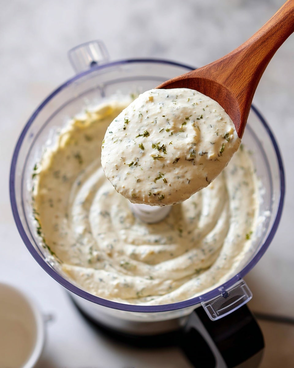 The image shows a clear food processor bowl with a creamy white sauce inside, speckled with small green herbs evenly spread throughout, giving it a smooth, thick texture. On the right side, a wooden spoon is lifted above the food processor, holding a rounded scoop of the same sauce, highlighting its creamy thickness and herb flecks. The background is a white marbled texture surface, and a small part of a white cup is visible in the bottom left corner. Photo taken with an iphone --ar 4:5 --v 7