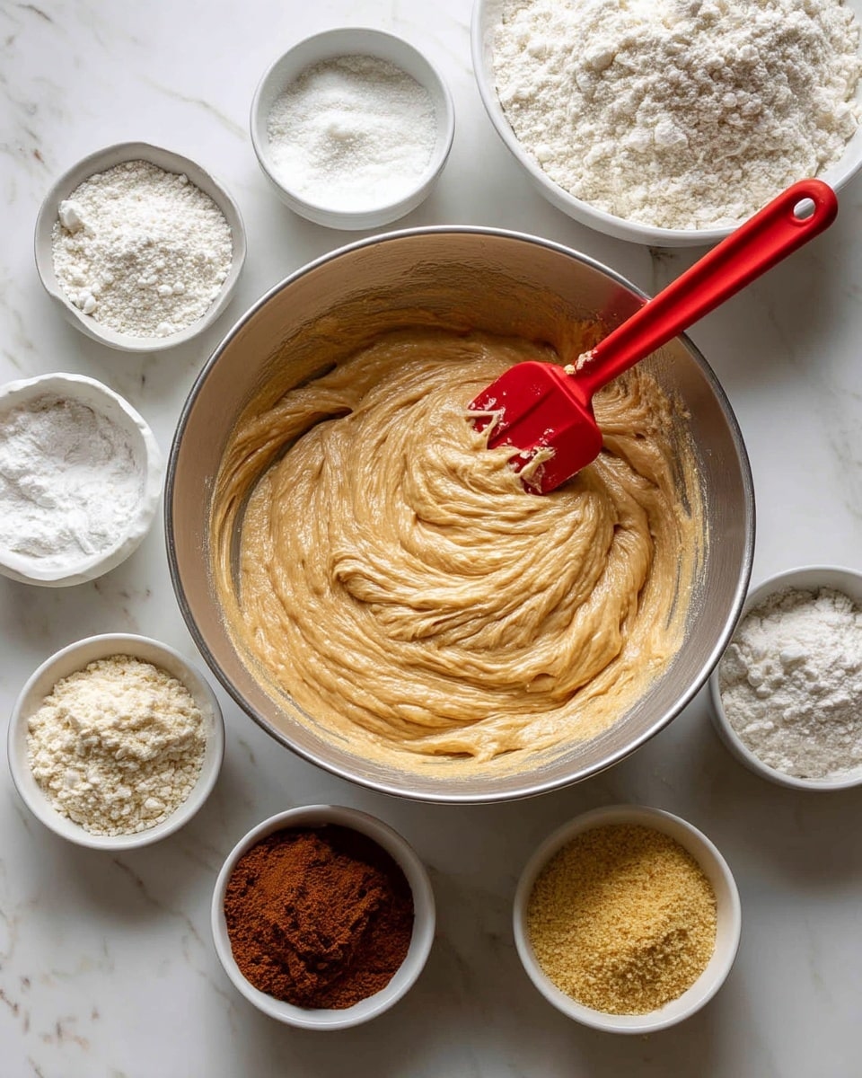 The image shows a metal mixing bowl with a light brown batter inside, swirling smoothly and a red spatula resting in it. Around the bowl are six small white dishes, each holding different ingredients: white flour, white powder, light brown powder, dark brown powder, and a yellow granulated substance. To the right, there is a large white bowl filled with white flour. All items are placed on a white marbled surface. photo taken with an iphone --ar 4:5 --v 7