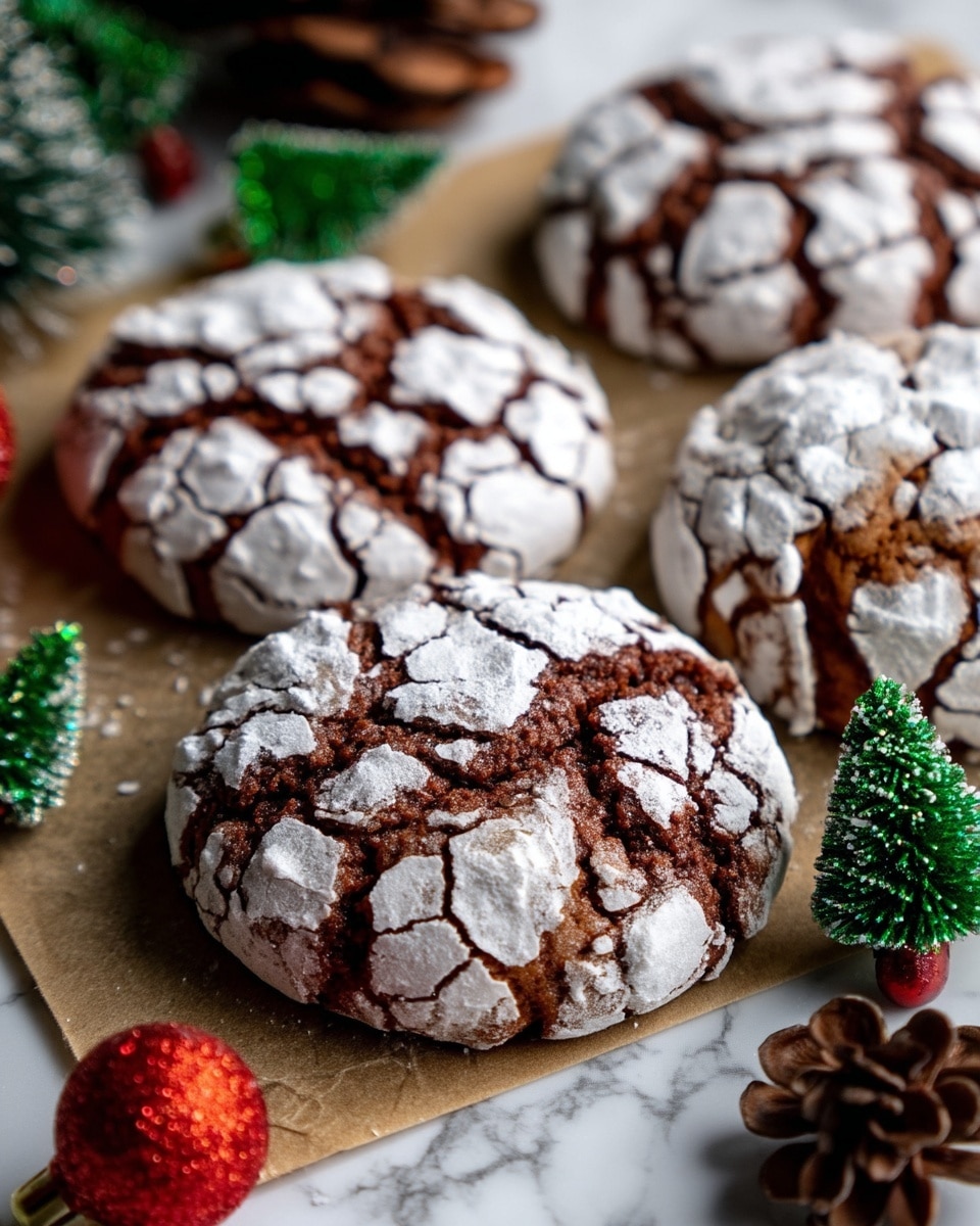 The image shows several round cookies with a cracked surface covered in white powdered sugar, creating a contrast between the brown dough and the white cracks. The cookies are placed close together on a brown parchment paper-like layer. Around the cookies, there is a small green Christmas tree decoration with fake snow and a red sparkly Christmas bauble, along with a dark brown pine cone, all set on a white marbled surface. The overall look gives a festive feeling with textured cookie tops and scattered holiday decorations. photo taken with an iphone --ar 4:5 --v 7