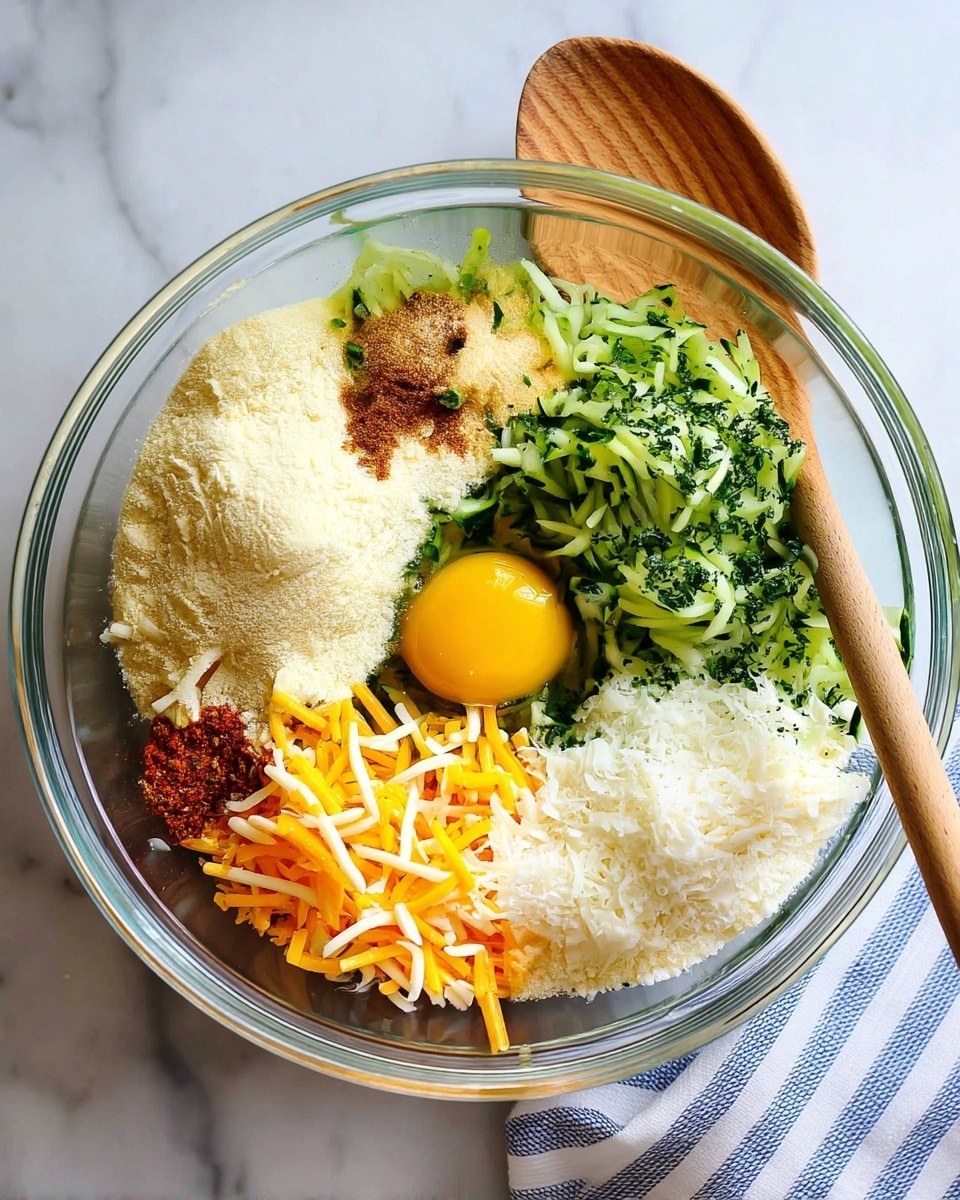 A clear glass bowl sits atop a white marbled surface, filled with six separate ingredients each kept in their own section within the bowl. Starting from the top right and moving clockwise: finely shredded green zucchini mixed with herbs, a mound of fine white grated cheese, a bright yellow egg yolk in the center bottom, a pile of orange and white shredded cheese on the bottom left, a heap of fine, light beige cornmeal on the top left, and several brown spices sprinkled near the cornmeal. A wooden spoon rests partially inside the bowl on the top right, and a striped white and blue cloth lies beneath the bowl on the right side. photo taken with an iphone --ar 4:5 --v 7
