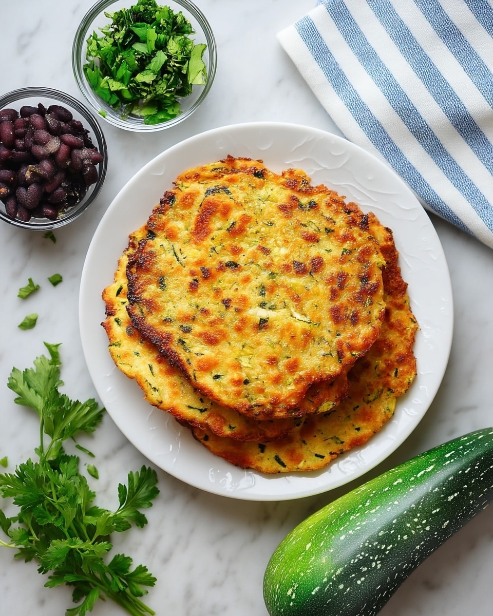 The image shows a stack of four golden-brown zucchini fritters on a white plate, each fritter thin and round with crispy edges and small green bits of zucchini visible throughout. To the left of the plate, one fritter lies flat on a white marbled surface. Above this fritter, two small clear bowls contain fresh green chopped parsley and black beans. A whole fresh green zucchini rests on the white marbled surface near the bottom right corner, and part of a woman's hand holding a blue and white striped cloth is visible on the upper right side. photo taken with an iphone --ar 4:5 --v 7