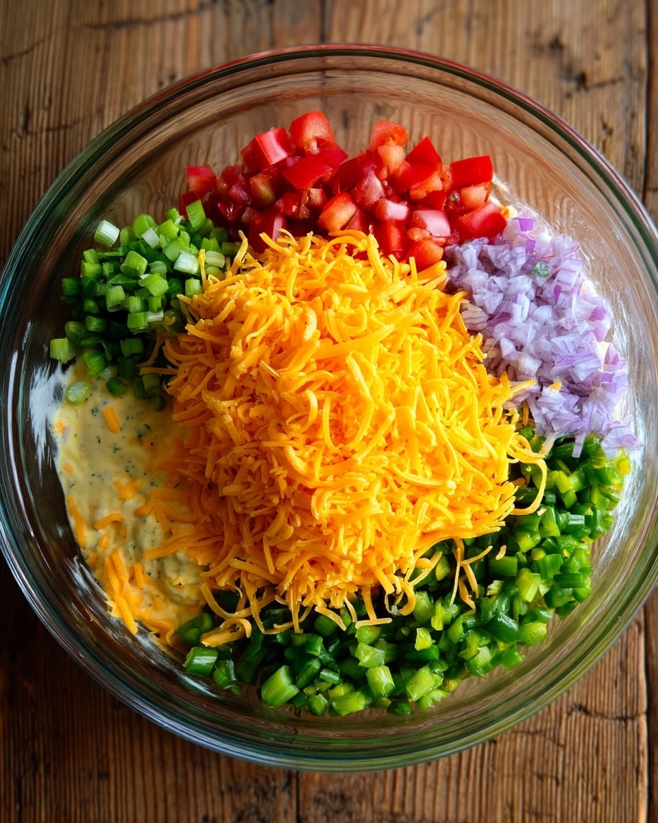 A clear glass bowl sits on a wooden surface filled with six distinct layers arranged in segments. At the center, there's a bright orange pile of shredded cheddar cheese. Around the cheese, in clockwise order starting from the top, there is a yellow creamy layer with specks of herbs, finely chopped green bell peppers, chopped red tomatoes, chopped green onions, and finely diced purple onions. Each layer forms a neat, colorful ring around the cheese in the middle. The textures range from smooth and creamy to fresh and crisp, and the colors are bright and well-separated, making the ingredients easy to see. Photo taken with an iphone --ar 4:5 --v 7