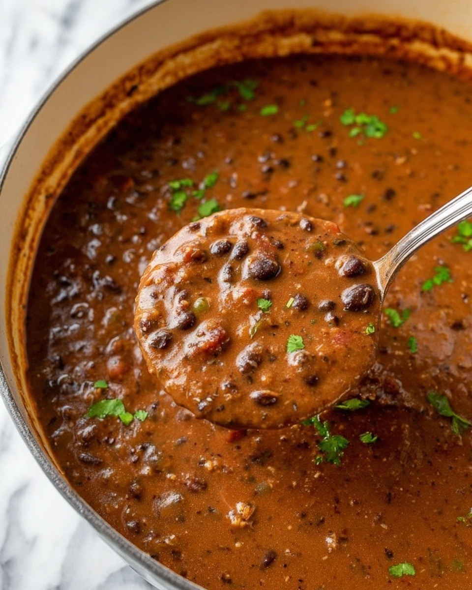 The image shows a close-up view of a pot filled with thick brown stew with visible black beans and small chunks of ingredients. The stew has a smooth, creamy texture mixed with little bits that add roughness. Some pieces of green herbs are sprinkled on top, adding a fresh touch of color. There is a metal ladle lifting some stew out of the pot, showing the dense and rich consistency of the dish. The pot has a light color interior and the background surface is white with a marbled texture. Photo taken with an iphone --ar 4:5 --v 7