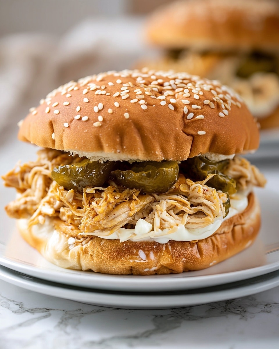 A close-up image of a sandwich with three layers on a white plate placed on a white marbled surface. The bottom layer is a sandwich bun lightly toasted with smooth white sauce spread on top. The middle layer consists of shredded light brown chicken mixed with dark green pickles, loosely piled. The top layer is a soft, sesame seed-topped sandwich bun with a golden-brown color. The background is blurred with soft colors. Photo taken with an iphone --ar 4:5 --v 7
