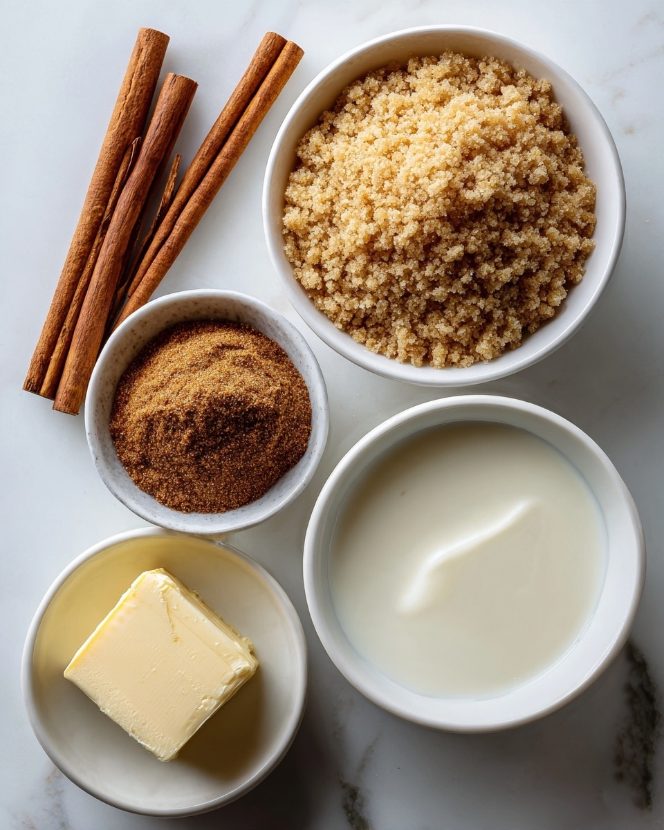 The image shows four white bowls on a white marbled surface, each holding a different ingredient arranged neatly. The largest bowl at the bottom right contains smooth white milk filling the bowl almost to the top. Above it, towards the top center, is a bowl filled with coarse textured light brown sugar. To the left, a smaller bowl holds ground cinnamon powder with two brown cinnamon sticks resting on top. On the top right, a small bowl has a thick, pale yellow square of butter placed in the middle. The arrangement of bowls creates a visual balance with soft, natural lighting highlighting the textures and colors of the ingredients. photo taken with an iphone --ar 4:5 --v 7