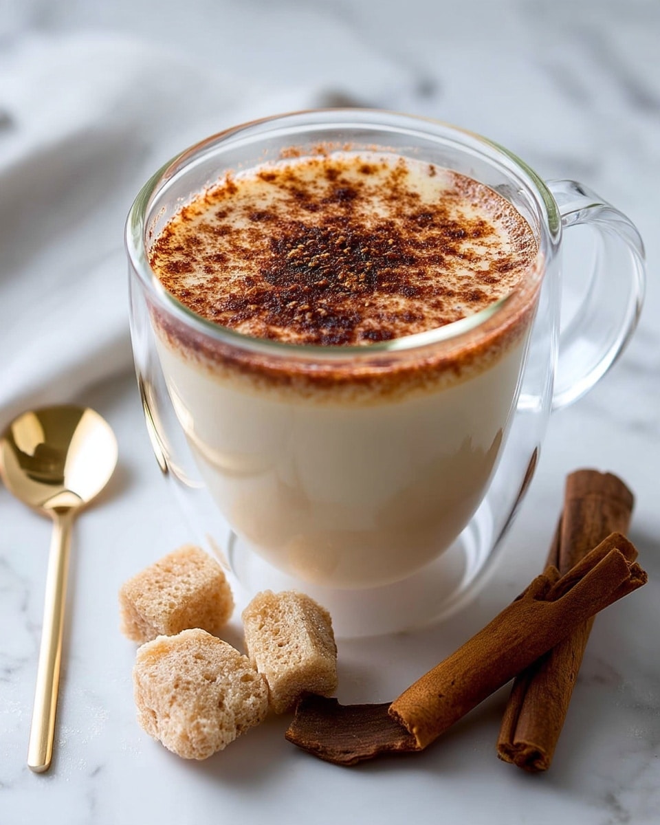 A clear glass cup filled with a creamy light beige drink topped with a sprinkle of dark brown cinnamon powder. The cup has a double wall design and is set on a white marbled surface. Next to the cup are two light brown sugar cubes and two cinnamon sticks, placed on the right side. A shiny gold spoon rests on the left side of the cup. The background is softly blurred with white tones, highlighting the drink in the foreground photo taken with an iphone --ar 4:5 --v 7