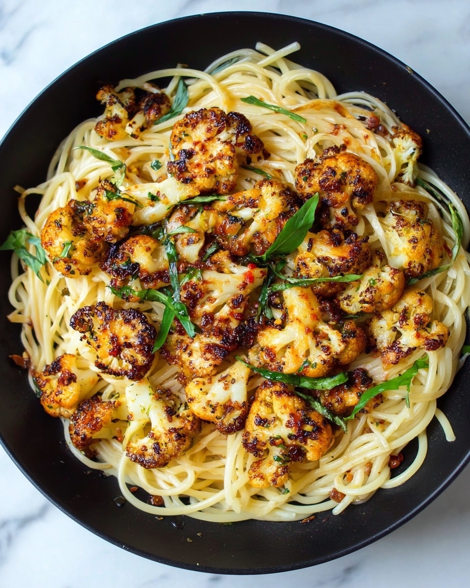 A black round pan holds a serving of spaghetti with roasted cauliflower florets scattered on top. The spaghetti is light yellow, with a smooth texture and a slight shine from oil. The cauliflower pieces are golden brown with charred spots and small bits of herbs and spices, arranged evenly over the pasta. There are also small green leaves mixed among the cauliflower. The pan sits on a white marbled surface. photo taken with an iphone --ar 4:5 --v 7