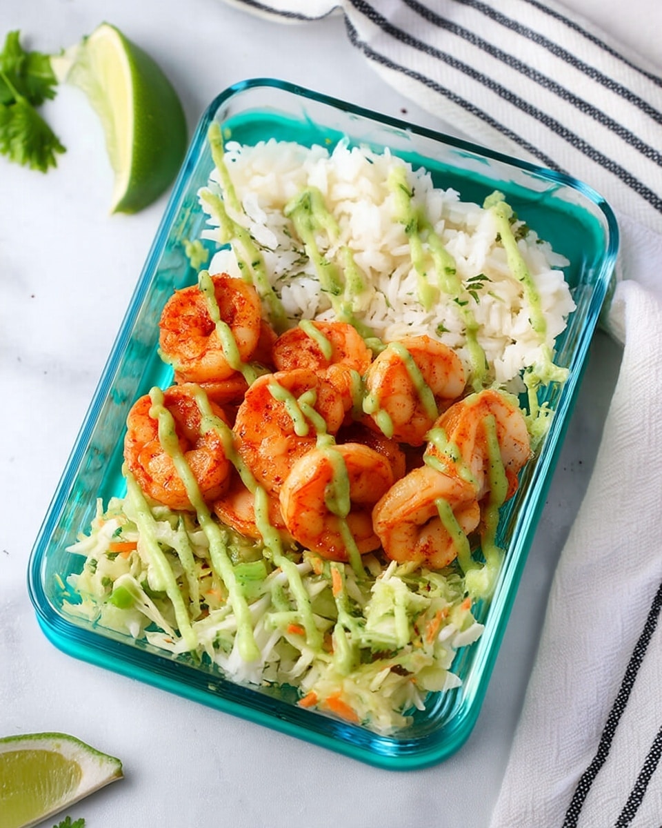 The image shows a close-up of a dish with three main layers: at the bottom, there is a pile of white rice mixed with light green dressing, giving a soft texture; on top of the rice are several orange shrimp with a slightly pink tone, speckled with black pepper; the third layer is scattered greenish shredded vegetables that look creamy, along with some green sauce drizzled on the shrimp and rice. A golden fork is lifting a mix of rice, shrimp, and shredded vegetables. The dish is on a white plate set on a white marbled surface. Photo taken with an iphone --ar 4:5 --v 7