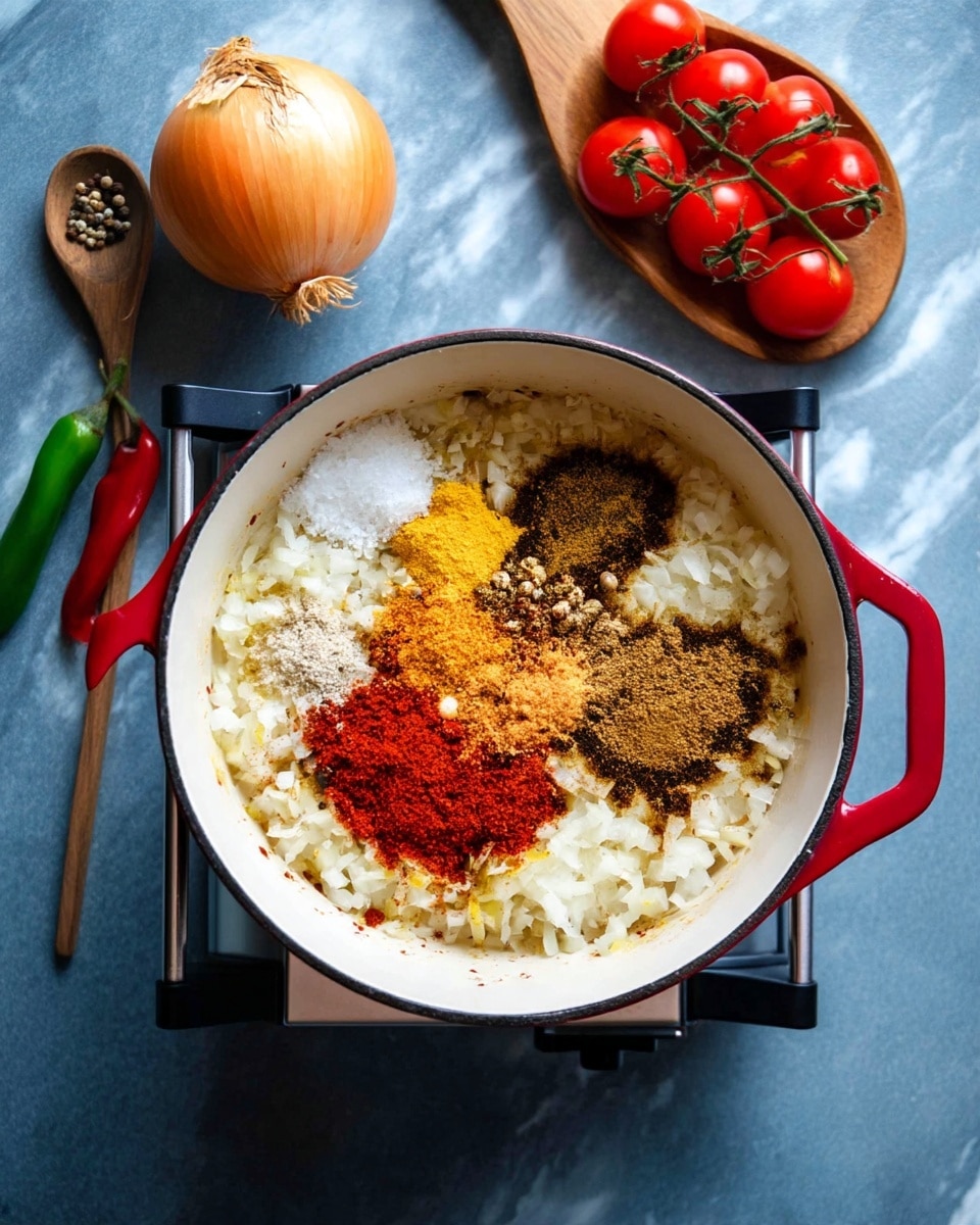A white pot with red handles filled with cooked finely chopped onions on the bottom is shown from above. On top of the onions, several colorful spices are layered in small piles: white salt, brown cumin, light yellow turmeric, dark brown coriander, and red chili powder. The pot is placed on a small electric burner on a dark blue surface. To the left of the pot, there is a whole onion and a green chili pepper. On the right side, clusters of red tomatoes sit above a silver spoon rest holding a wooden spoon with darkened edges. The background surface is a white marbled texture photo taken with an iphone --ar 4:5 --v 7