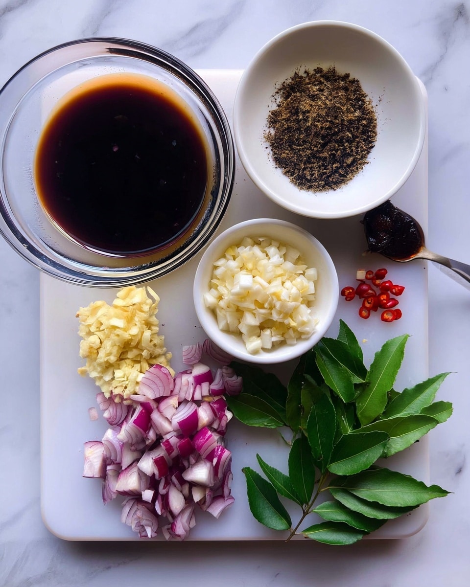 The image shows a white cutting board with several small bowls and piles of ingredients arranged neatly on a white marbled surface. On the left, there is a glass bowl filled with dark brown soy sauce. Next to it is a white bowl full of crushed black and white pepper. A small spoon with a dark brown paste is placed to the right near the top edge of the board. Below these, there are three small piles of chopped ingredients: finely chopped light yellow garlic, diced purple-red shallots, and three small bright red chili peppers. At the bottom right corner, there is a cluster of fresh green curry leaves. Everything is arranged cleanly and clearly, highlighting the different textures and colors of the ingredients. Photo taken with an iphone --ar 4:5 --v 7