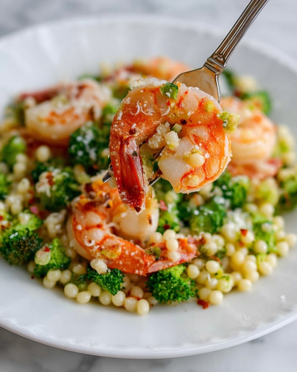 A white bowl is filled with a dish made of small round pasta pearls mixed with pieces of green broccoli and bright orange shrimp arranged evenly on top. Nearby, a smaller white plate holds a serving of the same dish, showing the creamy texture of the pasta combined with the firm broccoli and shrimp. Surrounding the plates on a white marbled surface are two lemons, a garlic bulb, a metal grater, and a small white bowl of grated cheese, adding to the fresh and simple presentation of the meal. Photo taken with an iphone --ar 4:5 --v 7