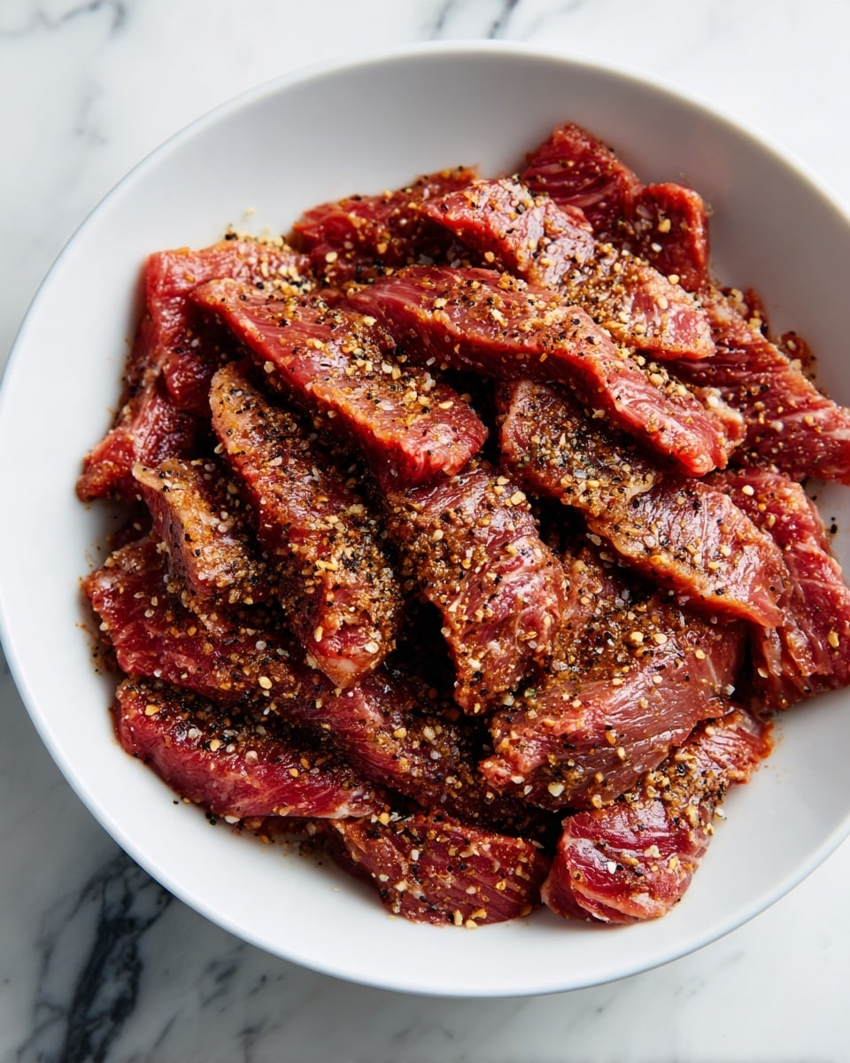 A white bowl filled with raw red beef strips arranged in layers, each piece coated with a mix of light tan and black seasoning powders sprinkled unevenly on top. The beef pieces have a soft, slightly shiny texture, and the bowl sits on a white marbled surface that features subtle gray and pink veins. The overall composition highlights the raw fresh meat and the contrast of the dark and light seasonings against the beef. photo taken with an iphone --ar 4:5 --v 7