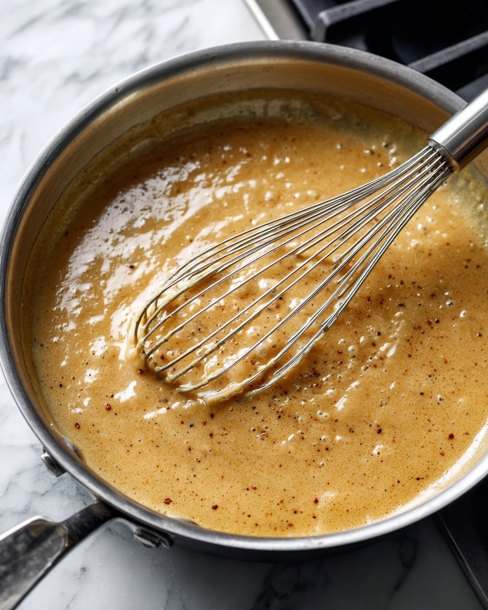 A close-up view of a silver pan on a white marbled surface filled with a light brown sauce that has a creamy texture and small darker brown specks. Inside the pan, a silver whisk is partially submerged, stirring the bubbling sauce which has some small clumps and rising bubbles, showing a smooth and thick consistency. The scene focuses tightly on the pan's contents with the stove faintly visible in the background. photo taken with an iphone --ar 4:5 --v 7