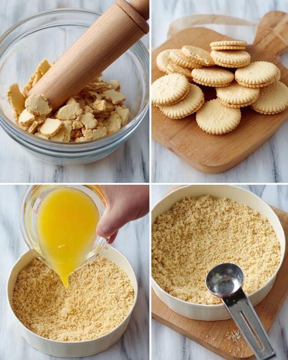 The first image shows a clear round bowl with broken light beige sandwich cookies being crushed by a wooden pestle on a white marbled surface. The second image shows whole light beige sandwich cookies placed evenly in the same clear round bowl with a white inner part on the white marbled surface. The third image shows a woman's hand pouring bright yellow melted butter from a small clear glass bowl onto finely crushed light beige cookies inside the clear round bowl on the white marbled surface. The fourth image shows a round white baking pan with crushed light beige cookie crumbs inside, with a small metal measuring cup resting on top of the crumbs, all on the same white marbled surface photo taken with an iphone --ar 4:5 --v 7