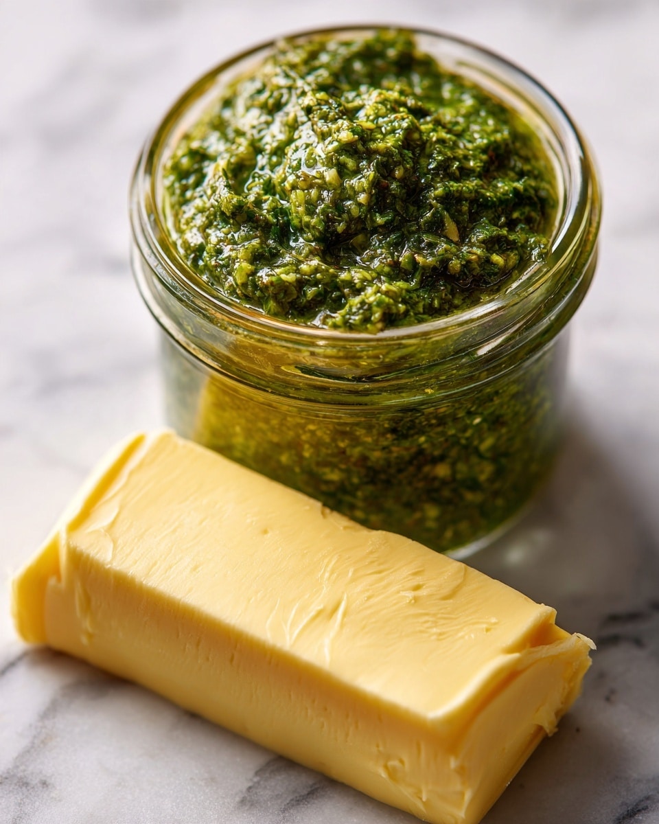 The image shows an open glass jar filled with a green pesto mixture that has a thick, slightly chunky texture, positioned at the top center on a white marbled surface. Below the jar is a whole stick of pale yellow butter, rectangular with sharp edges and smooth texture, lying diagonally across the frame. The color contrast between the rich green pesto and the light yellow butter is clear. The background is simple and clean with a white marbled look, enhancing the colors of the ingredients. photo taken with an iphone --ar 4:5 --v 7
