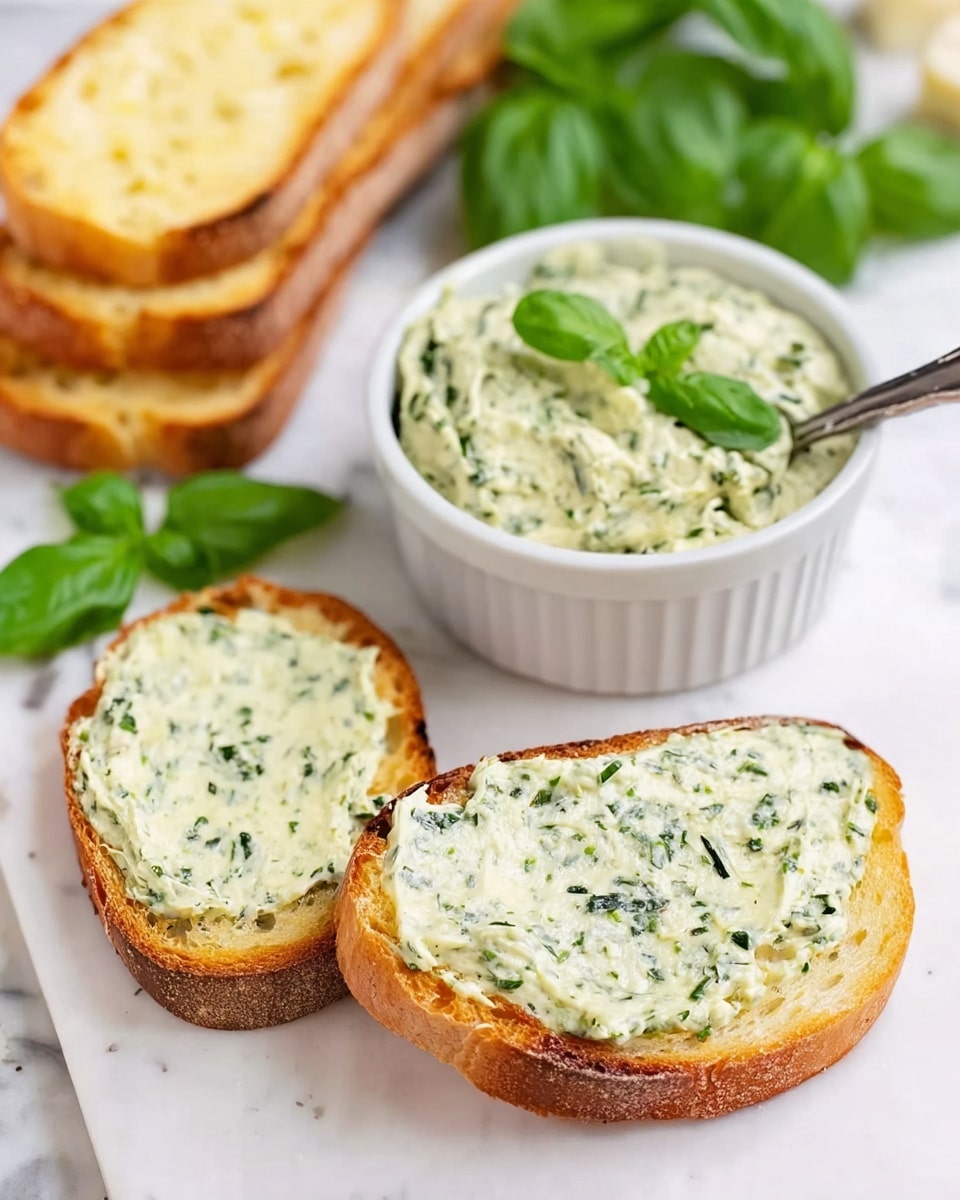 The image shows two thick slices of toasted bread on a white marbled surface, each generously spread with a creamy herb butter that has green flecks throughout. Behind them, a small white ramekin bowl holds more of the same herb butter, decorated with a single fresh basil leaf on top. A silver spoon rests inside the bowl, partially covered by the butter. To the left and behind the ramekin are additional toasted bread slices stacked in a small group. Fresh green basil leaves are arranged around the scene, adding a pop of bright color. The overall look is fresh, creamy, and inviting, set on a clean white marbled surface photo taken with an iphone --ar 4:5 --v 7