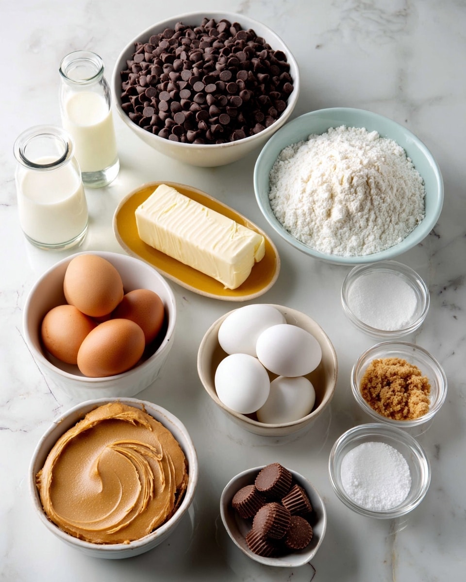 The image shows several baking ingredients arranged neatly on a white marbled surface. There is a white bowl full of dark brown chocolate chips at the top center. To the right of it is a white bowl filled with white flour. Below the flour are two sticks of butter, a glass bottle of vanilla, and a small clear glass of water nearby. To the left is a bottle of milk, a white bowl with white sugar, and a small bowl with three white eggs on a yellow plate. Near the bottom center is a white bowl filled with creamy light brown peanut butter. On the right side, there are small glass bowls containing salt, baking soda, and another ingredient in finer texture. There is also a small white bowl with mini peanut butter cups. The colors include white, cream, brown, and pale yellow. The layout is simple and clean. Photo taken with an iphone --ar 4:5 --v 7