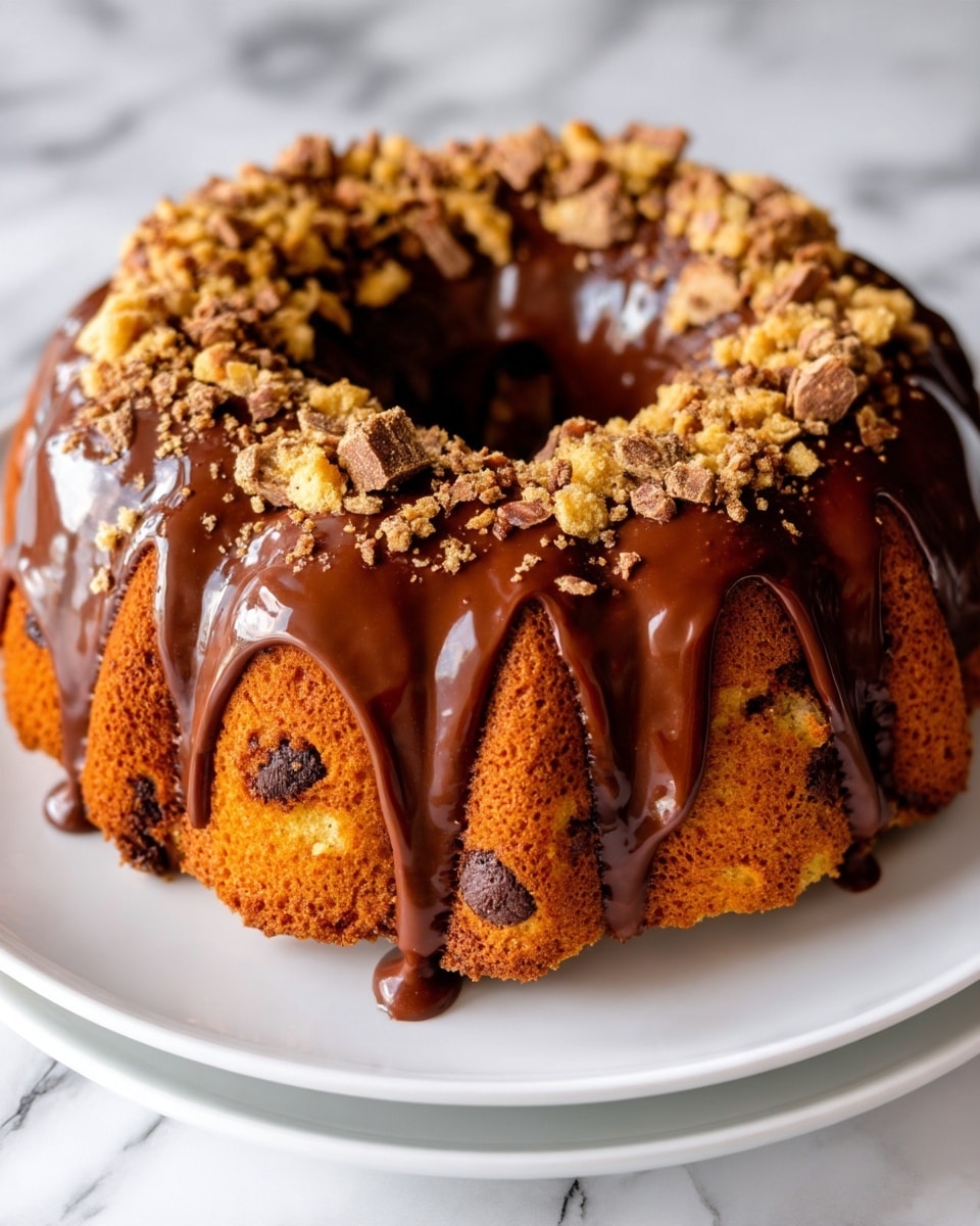 The image shows a bundt cake with thick, shiny chocolate glaze dripping down its sides in smooth layers. The cake itself is a golden brown color with dark chocolate chips inside, clearly visible where a slice has been removed. On top of the chocolate glaze, there is a crumbly topping made of nut pieces and crumbs in light brown tones. The cake sits on a white plate resting on a white marbled surface. Photo taken with an iphone --ar 4:5 --v 7