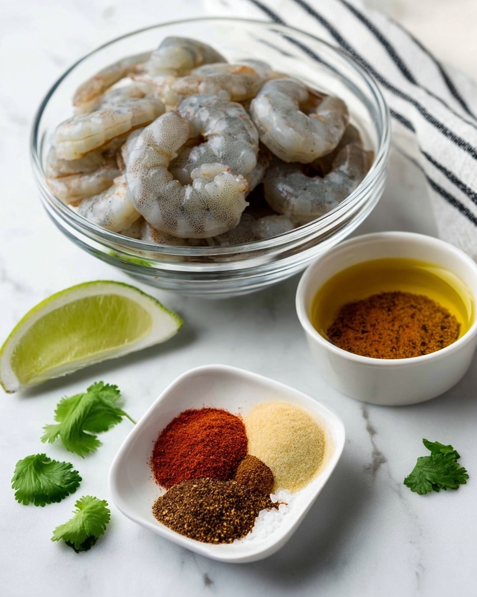 A clear glass bowl with raw shrimp inside, showing their greyish-white color and translucent texture. Next to it, a small white bowl filled with golden olive oil. Below, a white square dish holds an arrangement of spices: dark red chili powder, brown cumin, black pepper, and pink salt. A small green lime wedge and a few fresh green cilantro leaves are placed nearby. All items rest on a white marbled surface with a white and gray striped cloth partially visible. Photo taken with an iphone --ar 4:5 --v 7