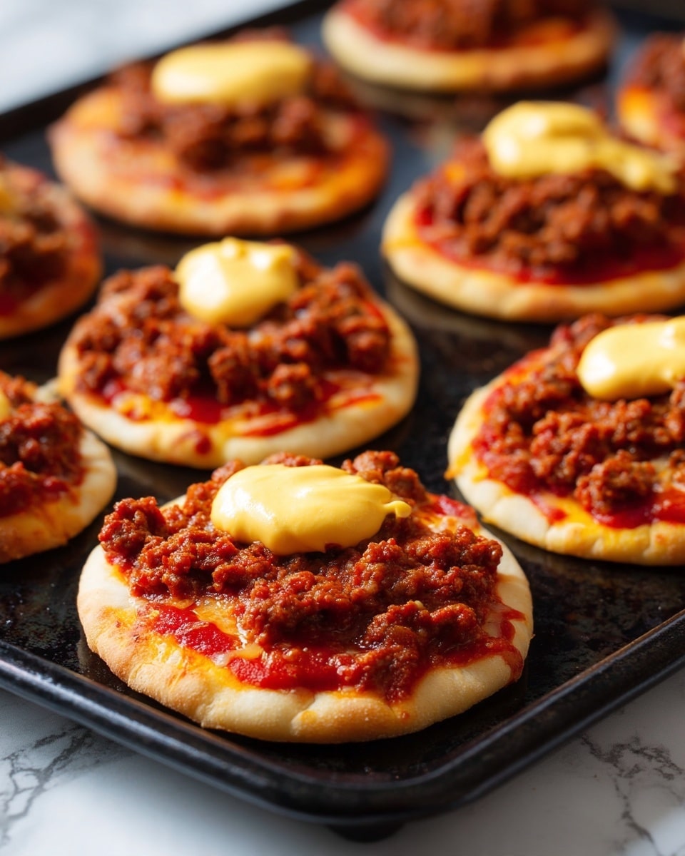 The image shows several small pizzas on a dark baking tray placed on a white marbled surface. Each pizza has three visible layers: a bottom layer of light golden crust, a middle layer of red tomato sauce spread evenly, and a top layer of brown, crumbly cooked ground meat. There is a dollop of smooth yellow sauce placed on the center of each pizza, standing out against the meat. The texture of the crust looks soft with slightly crisp edges, while the meat layer appears coarse. Photo taken with an iphone --ar 4:5 --v 7