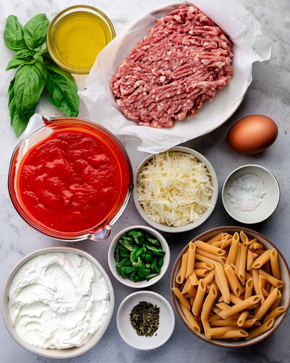 This image shows several ingredients for a pasta dish laid out on a white marbled surface. There is one main layer of raw ground meat placed on white parchment paper at the center top, with the meat having a pinkish color and soft texture. To the right of the meat is a large white bowl filled with uncooked penne pasta, light tan and smooth. Next to the pasta sits a whole brown egg and some fresh green basil leaves. To the left of the meat is a clear glass bowl filled with bright red tomato sauce, thick and slightly textured. Below the tomato sauce is a large white bowl with white ricotta cheese that looks soft and fluffy. In the center is a white bowl full of shredded mozzarella cheese, soft and creamy white. To the right of the mozzarella is a smaller white bowl with shredded Parmesan cheese, pale yellow and fine. Surrounding these main ingredients are small white bowls containing chopped fresh green basil, dried herbs that are dark green and brown, golden olive oil, coarse salt, and cracked black pepper. Everything is arranged neatly and clearly on the white marbled surface. photo taken with an iphone --ar 4:5 --v 7