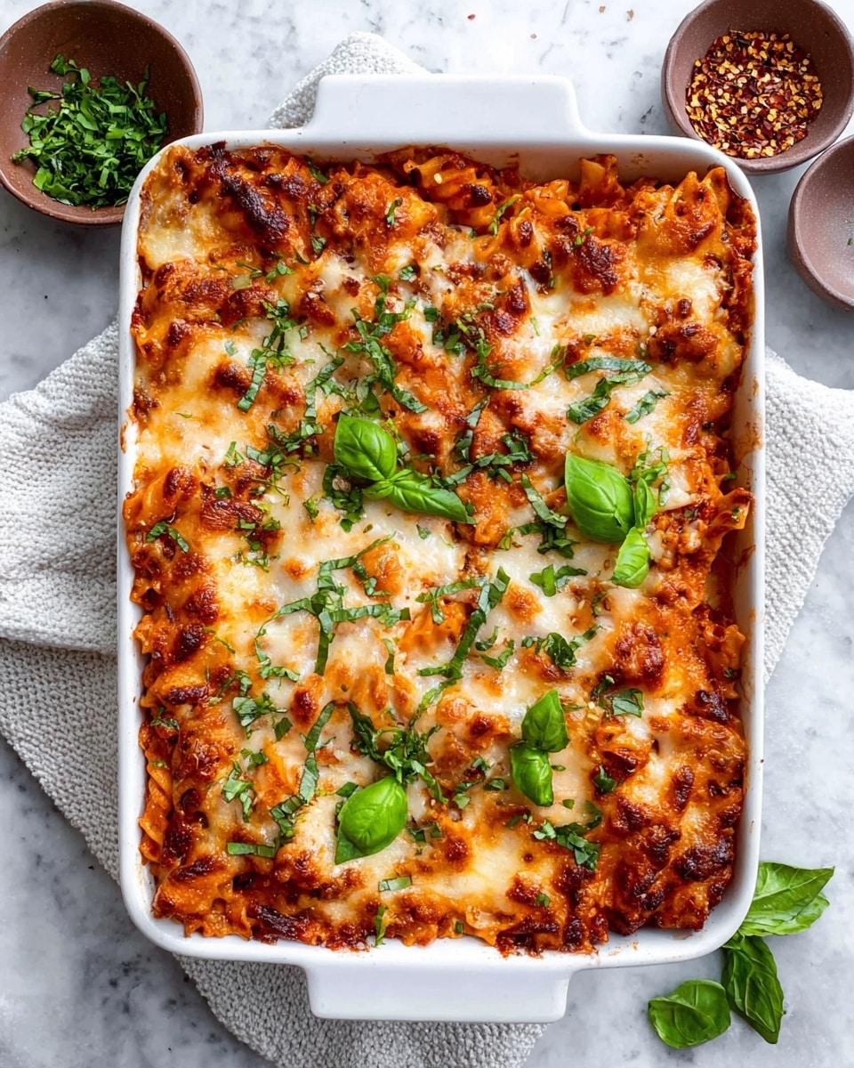 A white baking dish filled with a baked pasta dish showing layers of cooked pasta with a tomato sauce mixed with bits of meat, topped with a golden melted cheese layer that pulls stretchingly as a silver serving spoon lifts a portion. The top layer has melted cheese with a bubbly slightly browned texture, scattered with fresh green basil leaves. The pasta is tube-shaped with an orange-red sauce showing through the cheese, and the dish is set on a white marbled surface. A woman's hand is holding the spoon. photo taken with an iphone --ar 4:5 --v 7