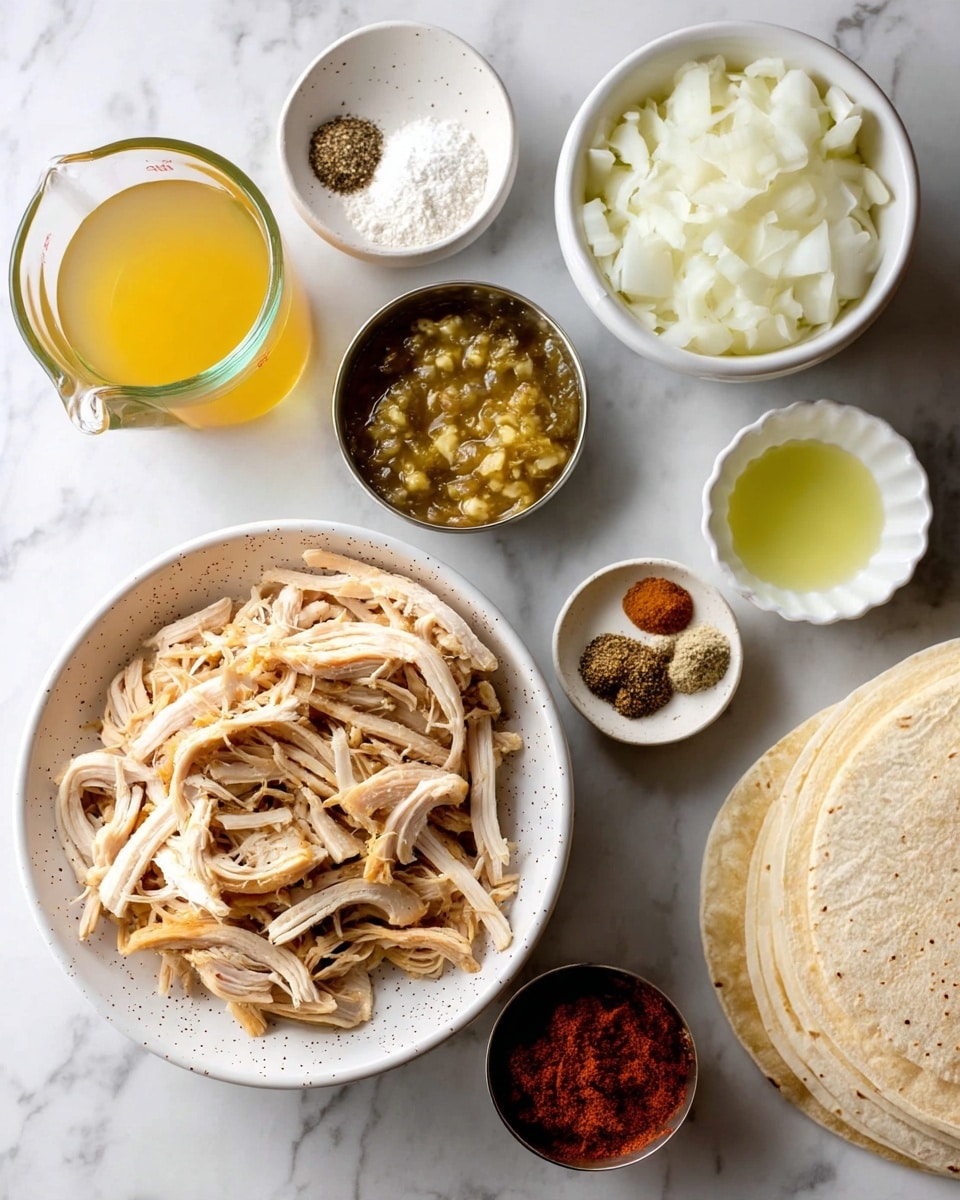 A white speckled bowl in the center holds light tan shredded chicken. Surrounding it are several white bowls: diced white onions, a small bowl of white flour, a mix of brown and black spices on a tiny white dish, clear yellow oil in a scalloped white bowl, pale minced garlic, bright green chile salsa in a small metal cup, creamy white sour cream, and white shredded cheese in a larger bowl. A clear glass measuring cup with yellow broth and a neat stack of pale tortillas complete the setup. All items are placed on a white marbled surface. photo taken with an iphone --ar 4:5 --v 7