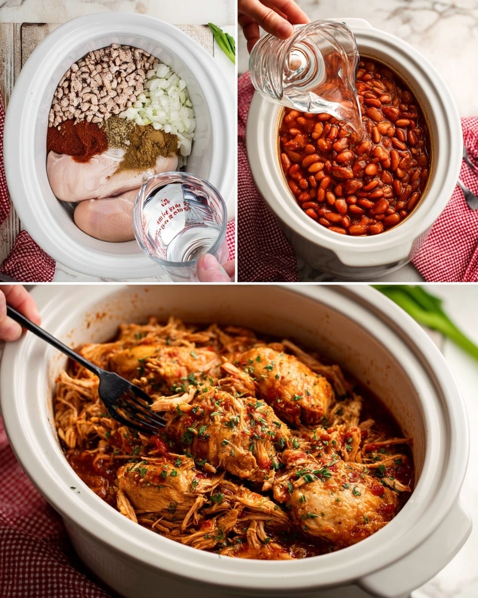 A white oval slow cooker shows four stages of making a dish: first, the ingredients are layered inside with two light pink raw chicken pieces at the bottom center, white chopped onions on the right, light brown beans on the top left, and three piles of spices in red, greenish, and brown colors in the center above the chicken; second, clear water is poured from a glass measuring cup over the ingredients inside the slow cooker; third, the chicken is cooked in reddish-brown liquid and is being shredded with two black forks held by woman's hands; fourth, the dish is fully cooked with shredded chicken mixed with beans and sauce, garnished lightly with green herbs, filling the slow cooker almost to the top, all placed on a white marbled surface with a partially visible red cloth nearby photo taken with an iphone --ar 4:5 --v 7