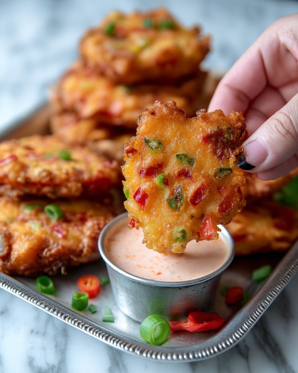 The image shows a woman's hand holding a crispy, golden-brown fried piece of food with small bits of red and green vegetables visible in the batter. The food is being dipped into a small round metal container filled with a light pink creamy sauce, placed on a white marbled surface. In the background, there are more pieces of the same fried item stacked together, resting on a silver tray with some scattered small red and green vegetable pieces around. The scene has a warm and cozy feel. Photo taken with an iphone --ar 4:5 --v 7
