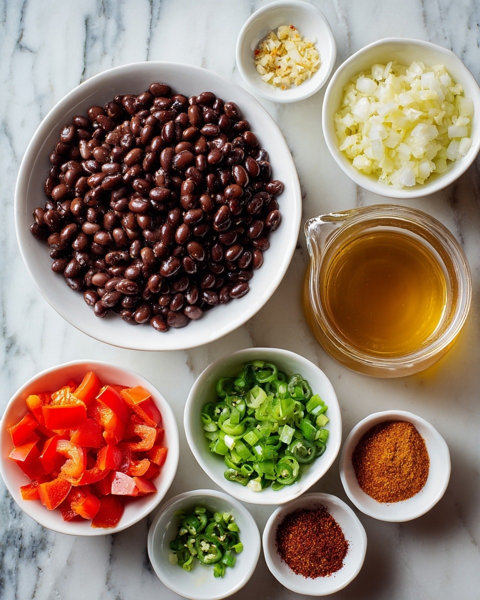 A white bowl full of black beans sits on the left side of a white marbled surface; above it, small white bowls hold minced garlic, olive oil, and chopped onions. To the right, a clear glass jug is filled with light brown broth. Below the jug are small white bowls with green chilies and diced tomatoes. On the left side, a white bowl contains red bell pepper pieces, and next to it are small white and orange bowls holding chili powder, cumin, and smoked paprika, arranged neatly on the marbled surface. The colors range from dark brown beans to bright red peppers and tomatoes, light yellow garlic, and the golden tones of broth and spices. Photo taken with an iphone --ar 4:5 --v 7