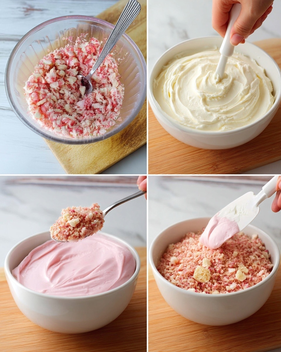 This image shows a four-step process of making a layered dessert. In the top left, there is a clear glass bowl with pink and white crumb mixture and a spoon inside. The background is a white marbled texture with a wooden board under the bowl. In the top right, a white bowl with thick white cream is being spread with a white spatula. The bowl is on the same wooden board with the white marbled background. Below, in the bottom left, a spoon is spreading smooth pink cream over the white cream in a white bowl. The bottom right shows a spoon adding the pink crumb mixture on top of the pink layer inside the white bowl. The woman's hand is visible holding the spoon. All scenes have a white marbled background and wooden board, showing the dessert layers of crumb, white cream, pink cream, and crumb again being added. Photo taken with an iphone --ar 4:5 --v 7