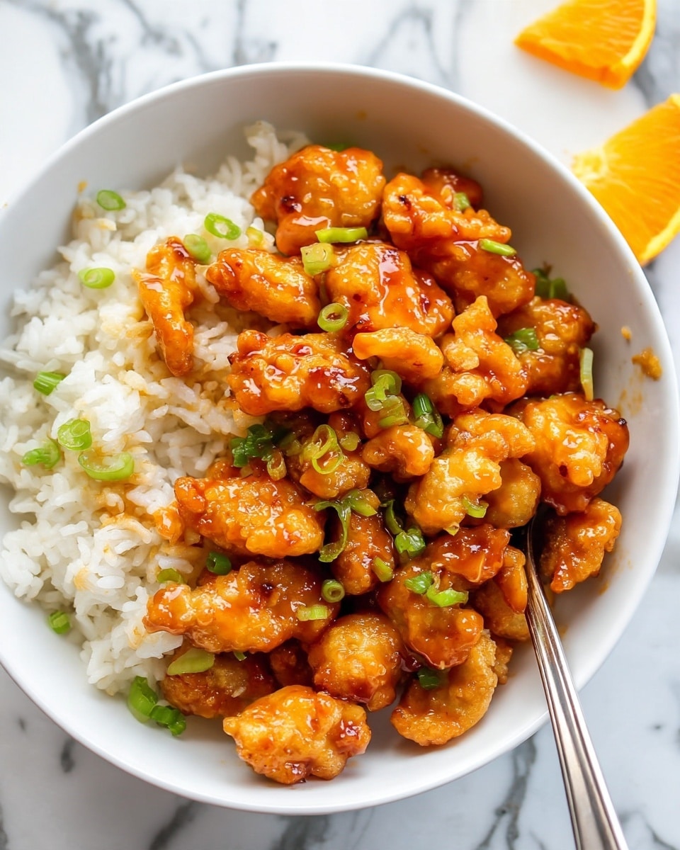 A white bowl with two layers: the bottom layer is white rice with a slightly fluffy texture, and the top layer has orange-glazed pieces of fried chicken coated in a shiny sauce. The chicken pieces are scattered and mixed with small slices of green onions for color contrast. A silver spoon is resting inside the bowl on the right side. In the background, there are two small orange slices on a white marbled surface. Photo taken with an iphone --ar 4:5 --v 7
