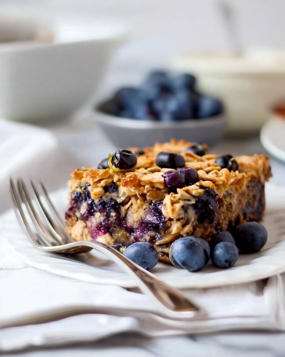 A close-up of a slice of oatmeal blueberry bake with a textured top layer showing baked oats mixed with scattered plump, dark blueberries. The slice is rectangular and thick, resting on a white plate with a few fresh blueberries around it. Next to the plate is a silver fork lying on a white napkin. The background is a soft focus of a white marbled surface with blurry bowls, one containing fresh blueberries. The light is soft and natural, highlighting the moist texture of the oats and berries. photo taken with an iphone --ar 4:5 --v 7