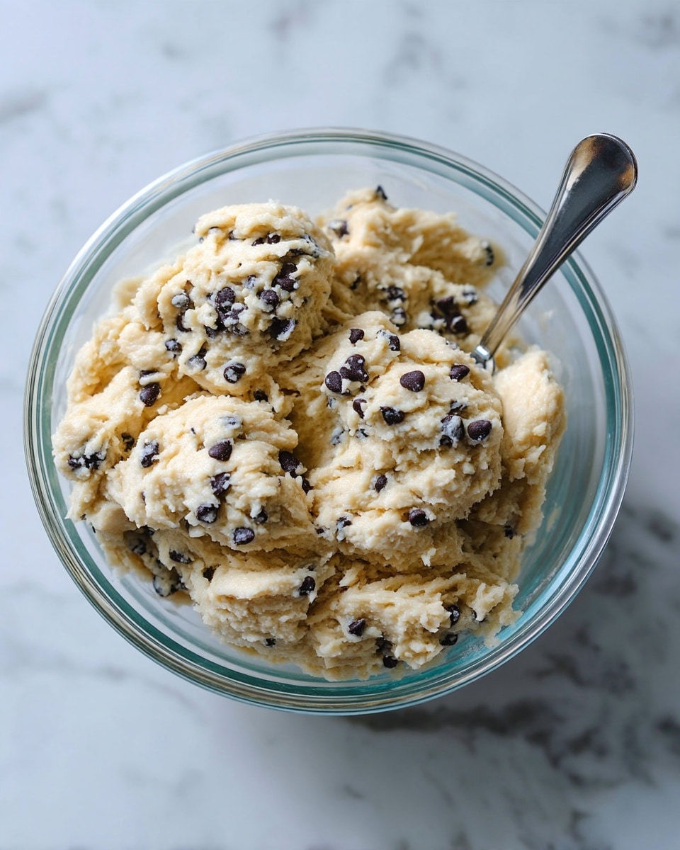A clear glass bowl filled with creamy, pale beige cookie dough mixed with small dark chocolate chips scattered evenly throughout, showing a soft and slightly lumpy texture. The bowl sits on a white marbled surface, and a shiny silver spoon is resting inside the dough on the right side. Photo taken with an iphone --ar 4:5 --v 7