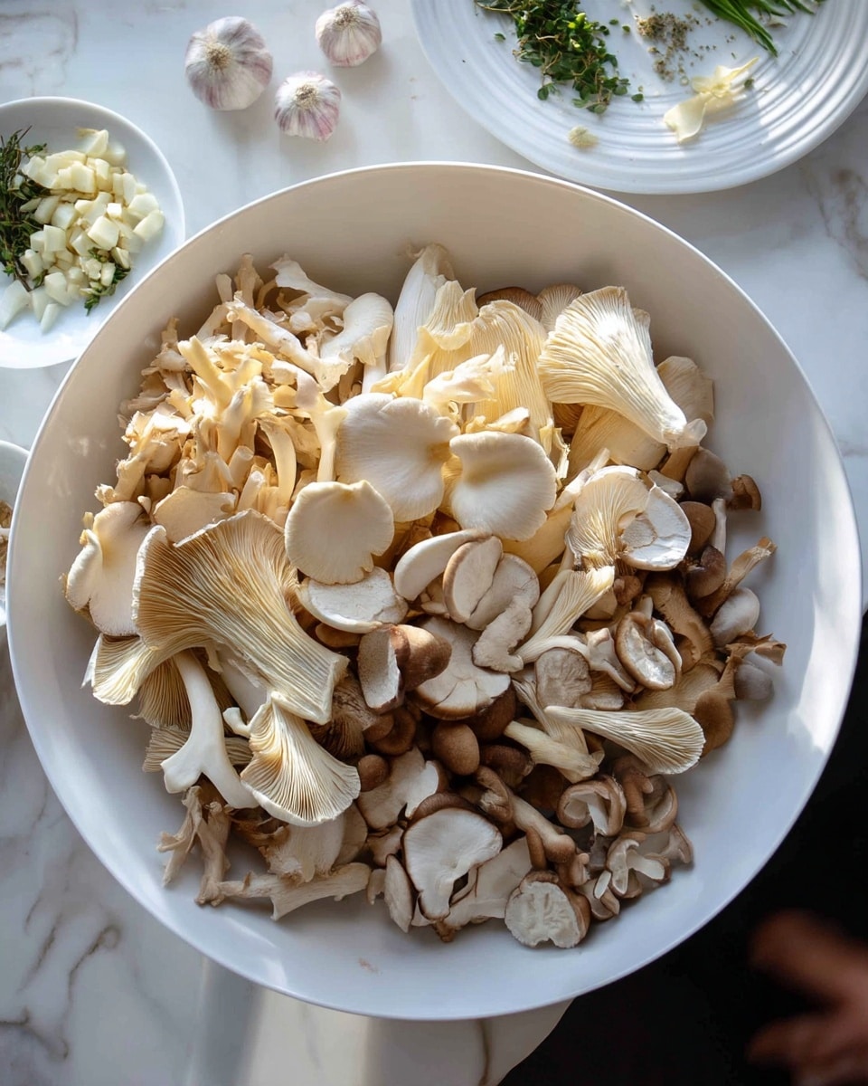 The image shows a large white bowl filled with different types of fresh mushrooms. The mushrooms have various shapes and shades of light beige and cream colors, with some being small and thin while others are bigger and fan-shaped. The bowl sits on a white marbled surface, and in the background, there is a white plate with chopped ingredients like garlic and green herbs, as well as some unpeeled garlic bulbs nearby. A woman's hand is partially visible near the edge of the frame. Photo taken with an iphone --ar 4:5 --v 7
