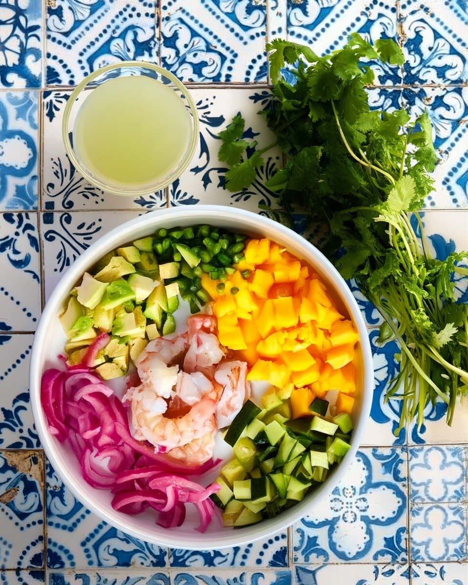 A white round bowl is filled with six distinct layers arranged in neat sections: bright pink pickled onions with a soft texture on the bottom left, small pale pink raw shrimp in the center, vibrant green diced avocado and jalapeño in the top left, bright yellow mango chunks on the top right, and fresh green diced cucumber on the bottom right. Next to the bowl, a clear glass of light yellow citrus juice and a bunch of fresh green cilantro lie on a white marbled surface beneath a blue and white patterned tile background. photo taken with an iphone --ar 4:5 --v 7