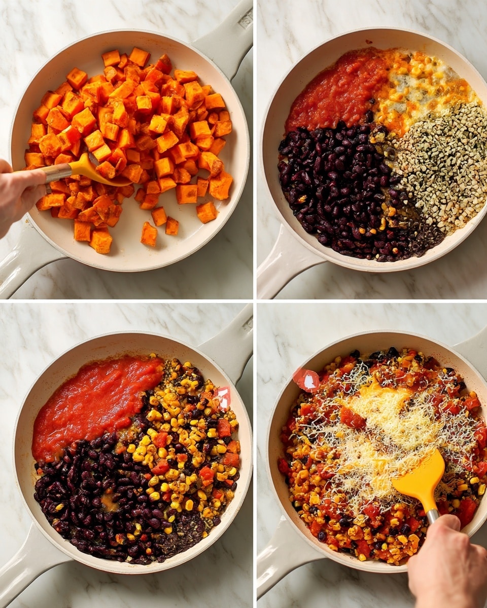 The image shows a four-step cooking process in a white pan on a white marbled surface. In step 1, small orange cubes, likely sweet potatoes, are being stirred with a yellow spatula, with a woman's hand holding the spatula, showing a close-up of the orange cubes and some small white pieces. Step 2 shows several separate layers in the pan: black beans, corn kernels, red tomato sauce, and small light green grains like quinoa, sitting next to each other without mixing. Step 3 has all the ingredients mixed together, showing a colorful blend of black beans, orange cubes, yellow corn, red tomato bits, and green grains, stirred evenly. Step 4 shows the cooked mix with a melted light-colored topping, possibly cheese, covering the colorful mixture spread out in the pan. The focus is on the texture of the ingredients and the melted topping. photo taken with an iphone --ar 4:5 --v 7