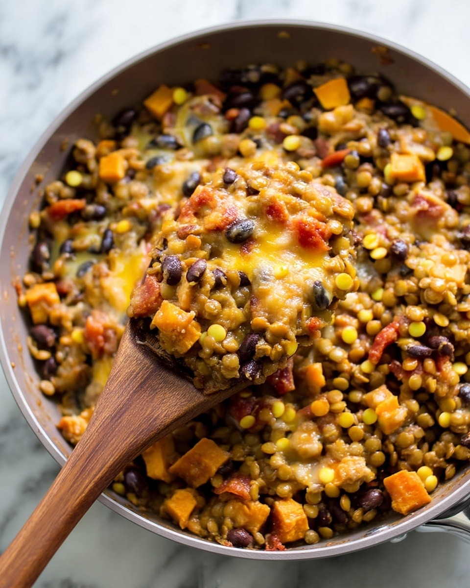 A white bowl filled with a colorful mix of cooked lentils, black beans, diced sweet potatoes, yellow corn kernels, and red tomato pieces all mixed together with melted light yellow cheese on top. The bowl is placed on a white marbled surface with a silver spoon resting inside it on the right side. To the upper right side, there is another white bowl holding stacked tortilla chips. A soft cloth with white, gray, and dark blue stripes lays near the bowl. photo taken with an iphone --ar 4:5 --v 7