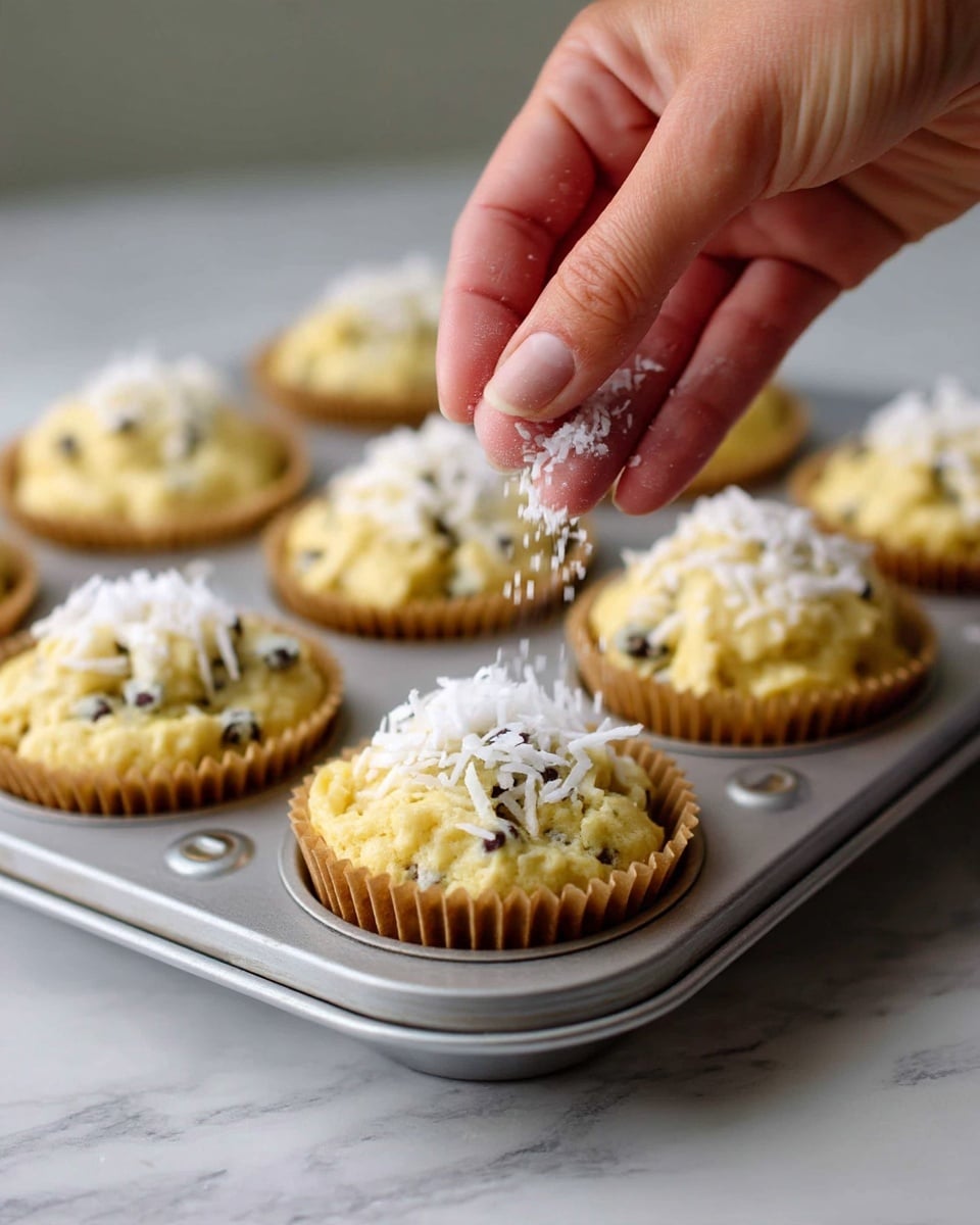 A close-up view of a metal muffin tray holding nine cupcakes in brown paper liners. Each cupcake has a pale yellow batter mixed with small dark spots, likely chocolate chips. A woman's hand is sprinkling white shredded coconut on top of the middle cupcake in the front row. The background shows a white marbled texture beneath the tray, giving a clean and bright look. The lighting is soft and natural, highlighting the textures of the batter and coconut. photo taken with an iphone --ar 4:5 --v 7