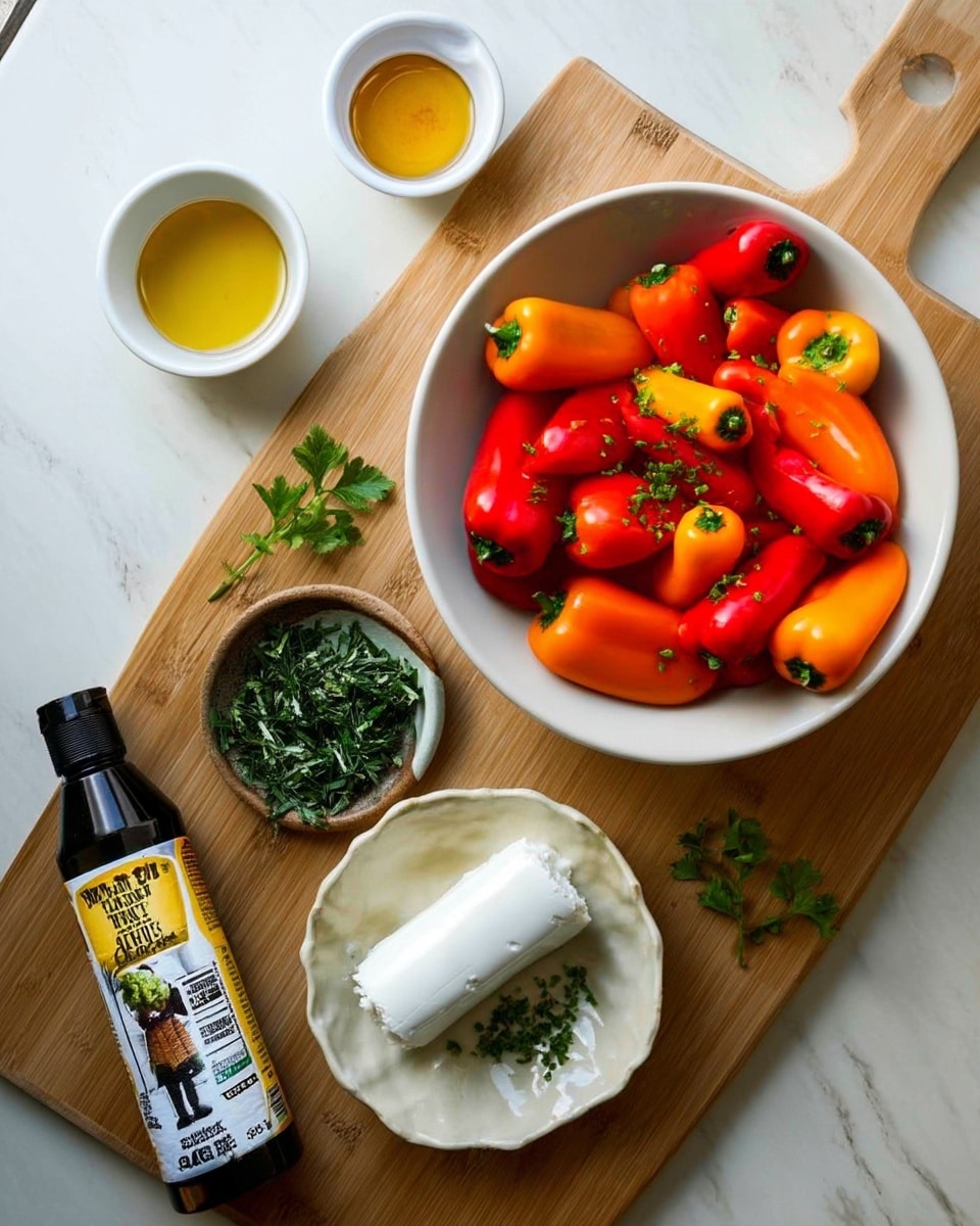 A white bowl filled with red, orange, and yellow mini bell peppers sits on a light wooden cutting board. Around the bowl, there is a white small bowl with a light yellow liquid, a small round bowl with chopped green herbs, and a white uneven ceramic plate holding a roll of white cheese. A black bottle of olive oil with a yellow label lies diagonally on the cutting board near the bottom left. The whole setup is on a white marbled surface. Photo taken with an iphone --ar 4:5 --v 7