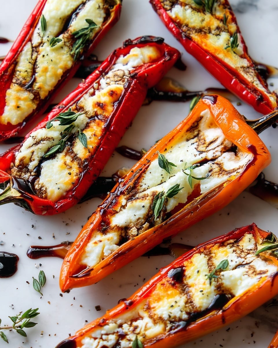 The image shows several long pepper halves filled with a creamy white cheese layer that looks soft and slightly melted, spread evenly inside each pepper. The peppers are a mix of bright red and orange colors with slightly wrinkled, roasted skins and some browned spots. On top of the cheese, there are scattered small green herb leaves, likely thyme, and a drizzled dark balsamic glaze adding contrast with shiny, thin streaks running over the cheese and peppers. The peppers are arranged close together on a white marbled surface. Photo taken with an iphone --ar 4:5 --v 7