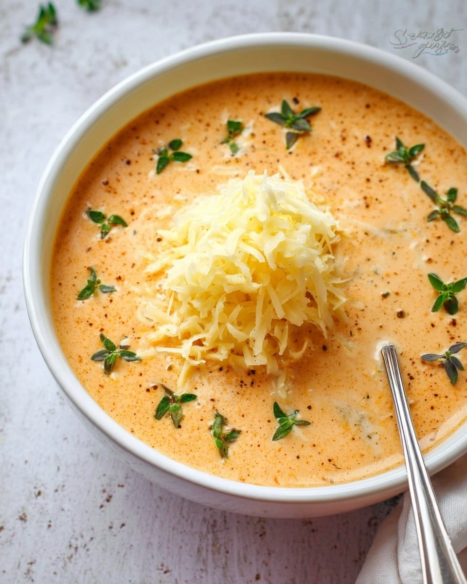 A white bowl filled with creamy orange soup sits on a round wooden board. The soup is smooth and topped with a pile of finely grated pale yellow cheese at the center. Small green parsley leaves are sprinkled over the soup for color contrast. A silver spoon rests on the edge of the bowl. In the background, there is a round wheel of pale yellow cheese. The surface beneath the board is white with a marbled texture. photo taken with an iphone --ar 4:5 --v 7