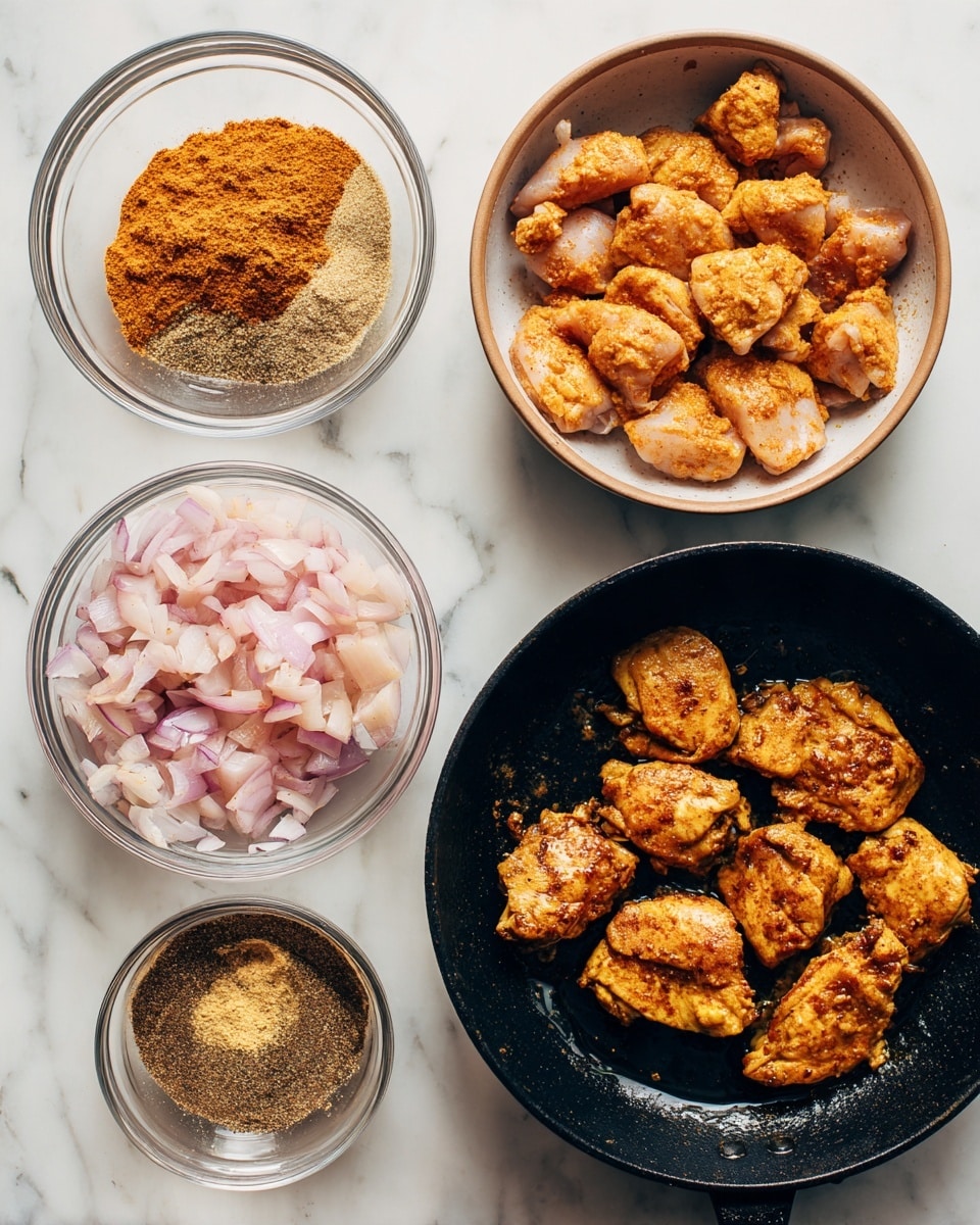 The image shows a series of four clear glass bowls and a black cast iron pan on a white marbled surface, each holding different food items. In the first, the bowl contains a light brown dry spice mix with visible seeds and powder of mixed textures. The second bowl has raw chicken pieces dusted evenly with the spice mix, showing a light coating of orange-brown color. The third panel shows finely chopped onions being cooked, translucent with a soft pink tint, in the black pan, with some oil glistening around them. The fourth panel displays six golden brown cooked chicken pieces, their skin crispy and seasoned, sitting snugly together in the pan. Photo taken with an iphone --ar 4:5 --v 7