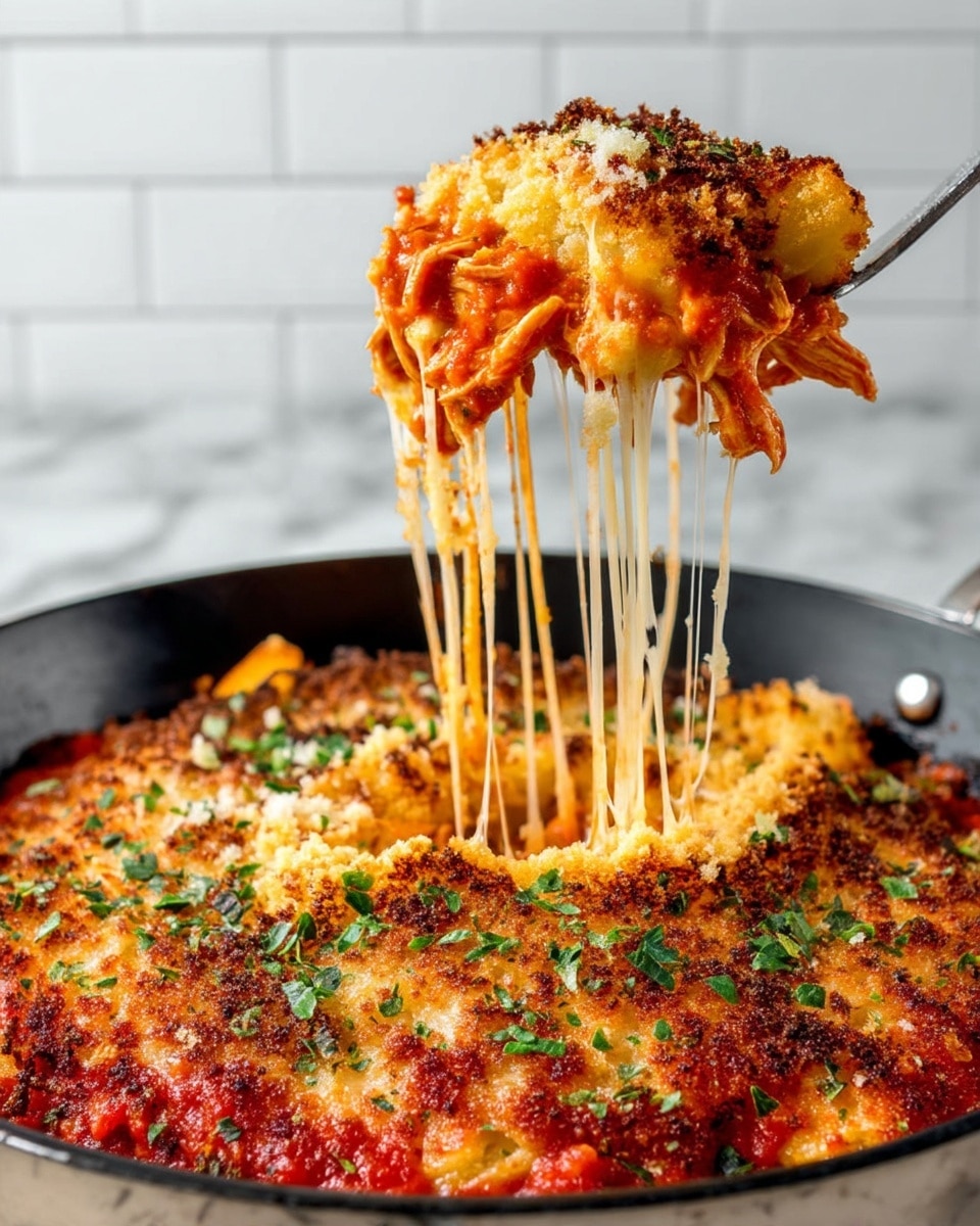 A close-up of a deep pan filled with a layered baked dish. The bottom layer shows a rich red tomato sauce with pieces of shredded poultry mixed throughout. On top of the sauce, there is a thick layer of melted cheese, stretching in long strands as a fork lifts a serving. The top layer is golden brown breadcrumbs, crispy and uneven with dark toasted spots and small green herb flakes scattered across. The background is a white tiled wall and the pan sits on a white marbled texture. photo taken with an iphone --ar 4:5 --v 7