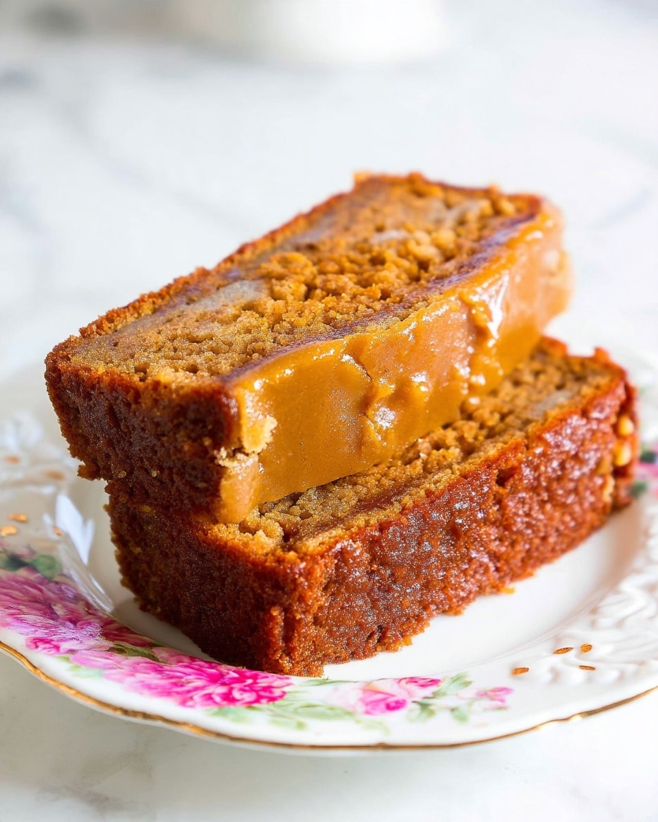 The image shows two stacked slices of a moist, brown cake on a white plate with a floral pattern. The top slice is placed diagonally on the bottom slice, showing a soft and dense texture with small bits visible inside. The cake has a golden-brown crust on the edges and a lighter brown inside with a slight shine. The background is a white marbled surface. photo taken with an iphone --ar 4:5 --v 7