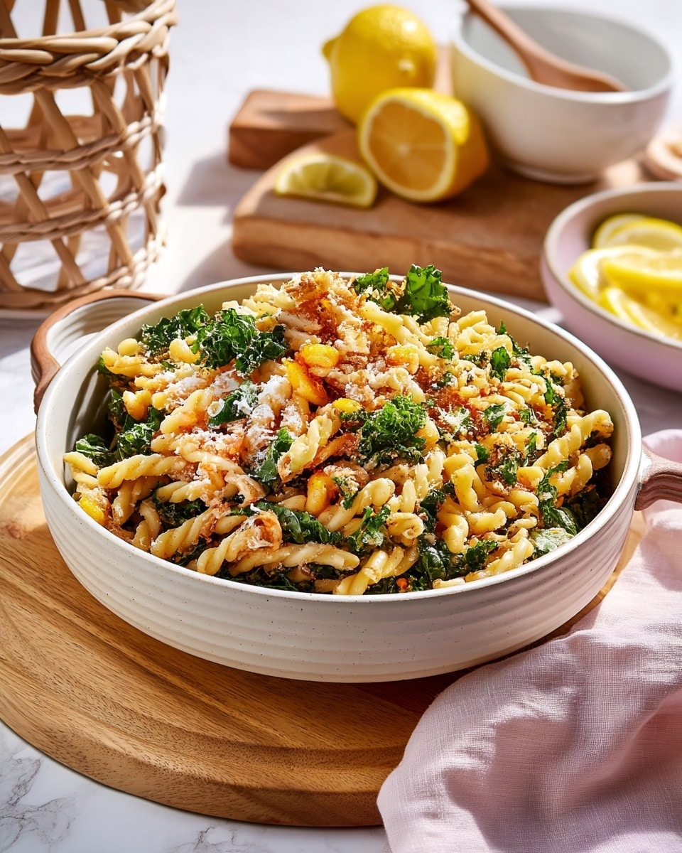 A large white bowl filled with three layers of pasta dish: the bottom layer is light golden brown crispy bits, the middle layer is twisted pale yellow pasta mixed with bright green kale leaves, and the top layer is sprinkled with grated white cheese and more crispy bits, giving a textured look. The bowl sits on a white marbled surface with a light wood cutting board holding lemon wedges and part of a sliced lemon in the background. A woven basket is faintly visible to the left, and a white bowl with a lavender spoon rests on the right. A pale pink cloth is casually placed in the foreground. photo taken with an iphone --ar 4:5 --v 7