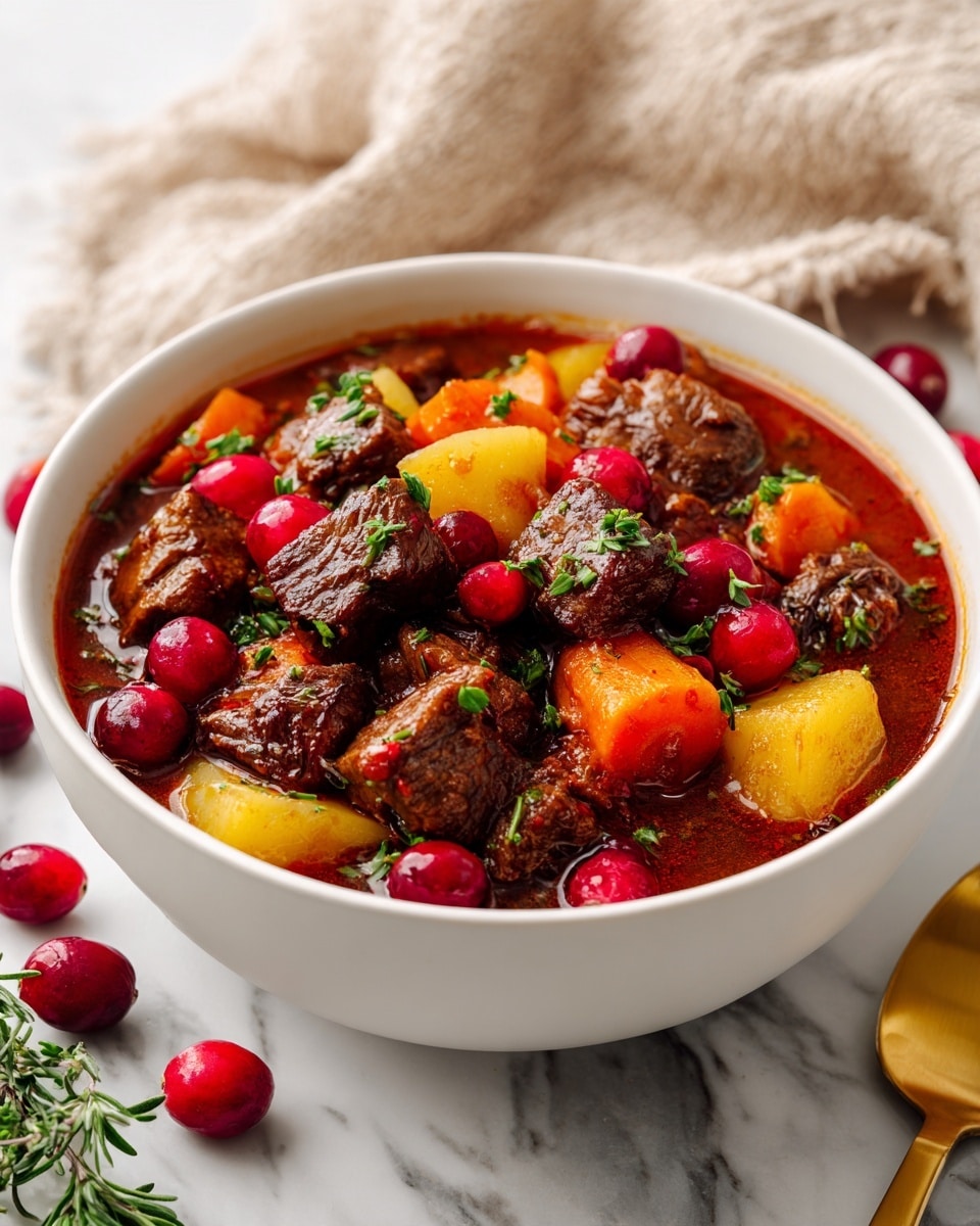 The image shows a close-up of a thick stew in a white bowl with a white marbled background, featuring multiple layers: the first layer is a rich brown broth with visible textures and some shine, the second layer shows large chunks of brown meat, soft orange carrot slices, and tender light yellow potato pieces, all mixed in. Scattered throughout are bright red berries and small green herb bits on top, adding color contrast. A silver spoon lifts some stew, showing the chunky ingredients in detail. The stew looks hearty with a mix of smooth and chunky textures. Photo taken with an iphone --ar 4:5 --v 7