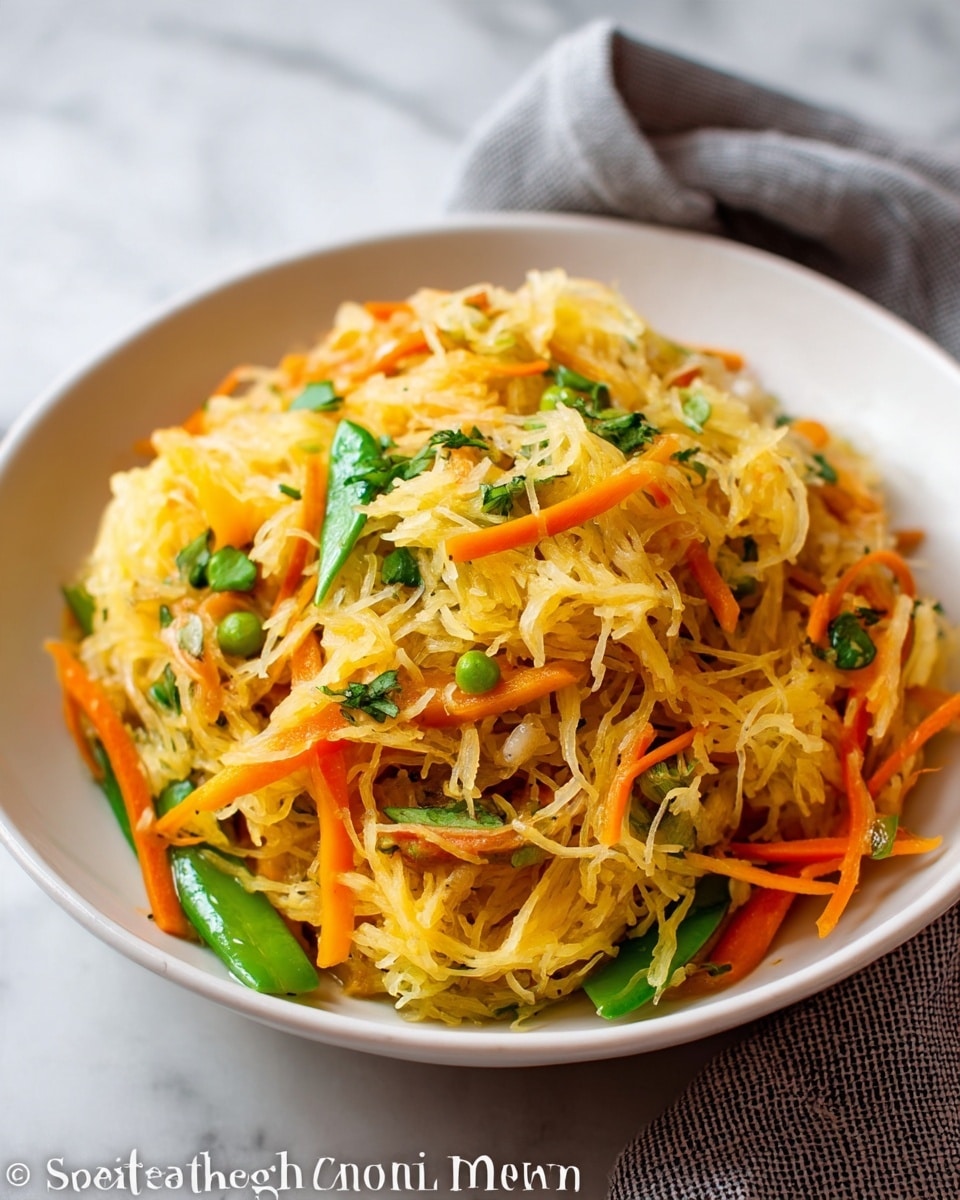 A close-up of a white bowl filled with spaghetti squash chow mein, showing strands of light yellow squash noodles mixed with thin strips of orange carrots and bright green snap peas, all tossed with small bits of green herbs and light brown cooked onions; the textures appear soft yet slightly firm, with a glossy, lightly sauced look, sitting on a white marbled surface with a gray cloth nearby and text above the bowl reading